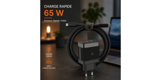 Chargeur ordinateur portable ADEQWAT 65W 2 USB-C + Cable USB-C 2M - Noir