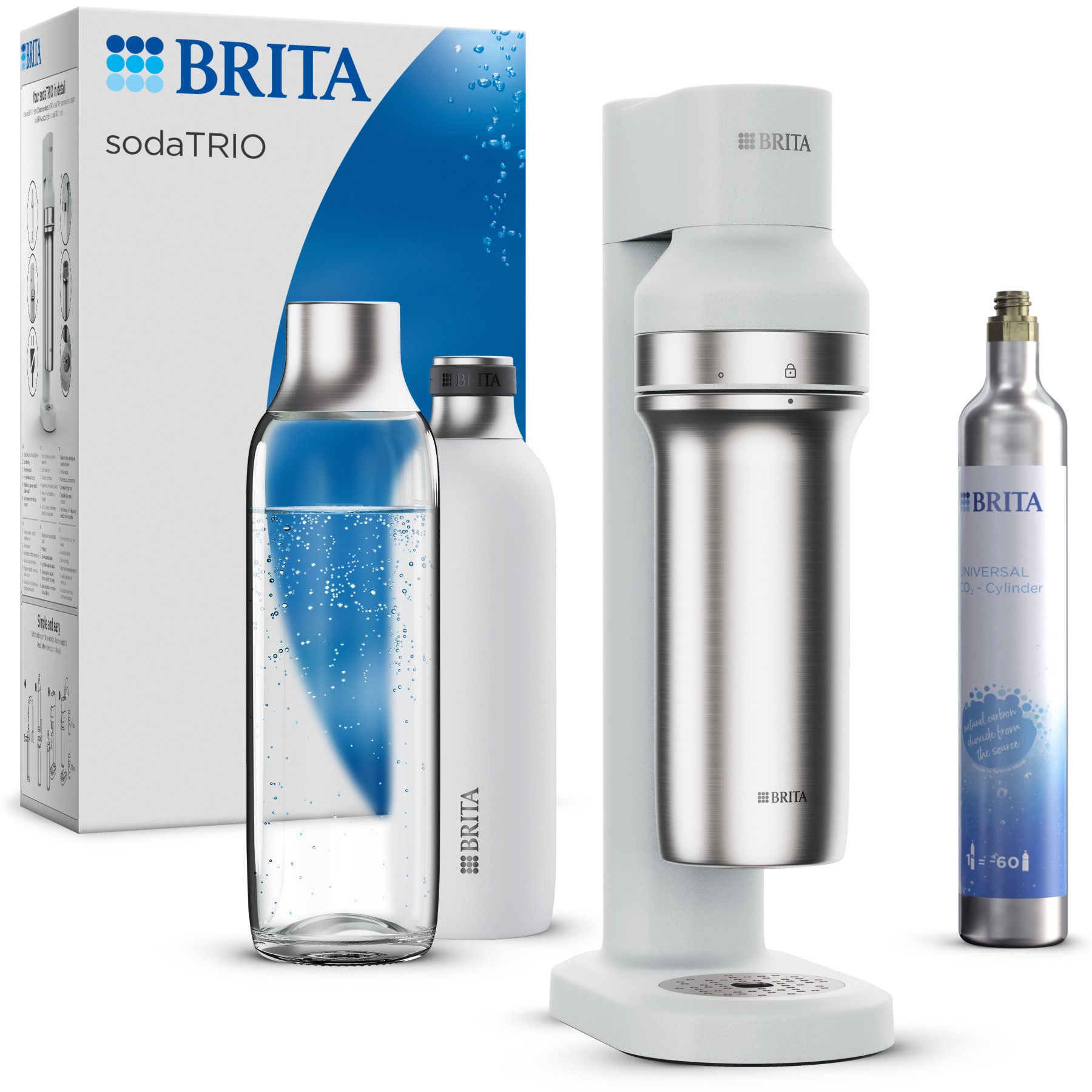 Machine à soda BRITA sodaTRIO blanche + 1 cylindre CO+ 1 bouteille verre 1L + 1 bouteille isotherme 0.65L