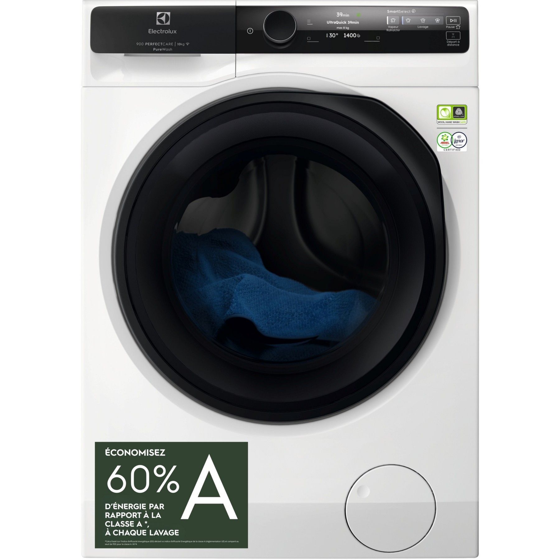Lave linge hublot ELECTROLUX EW9FI71014FC - 10 kg - 1400 tr/min - Classe A - Moteur induction - Connecté wifi