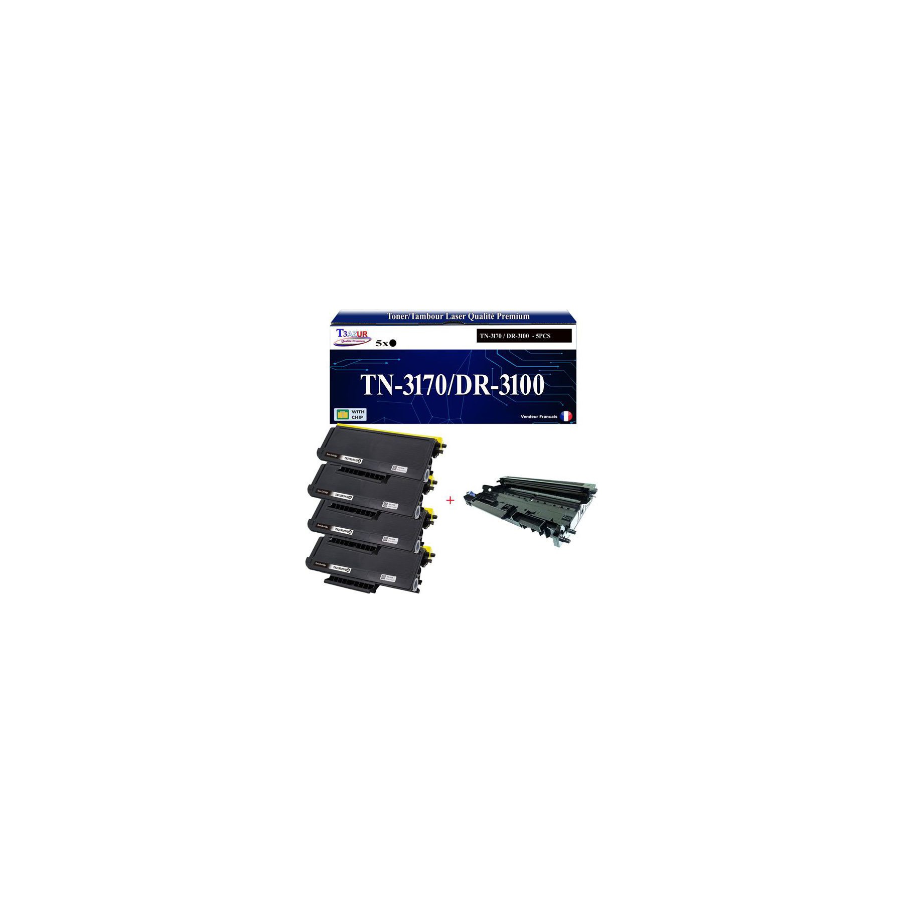 Pack Toner + Tambour T3AZUR Pour Brother TN3170, DR3100 (4To+1Ta)