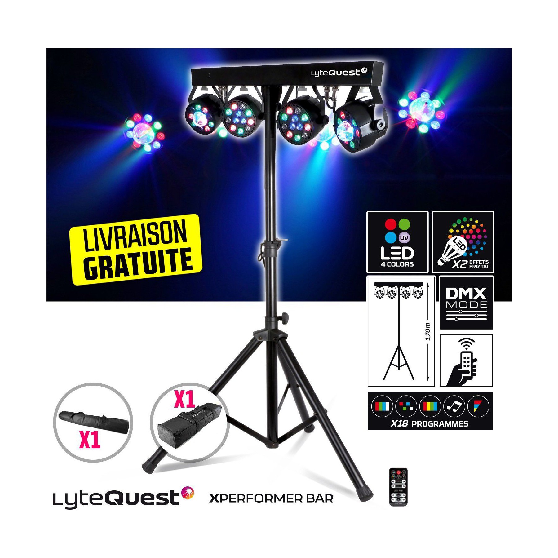 Jeu de lumières LYTEQUEST Portique+4 PAR/UV/FRIZTAL-2sacoches+Tél