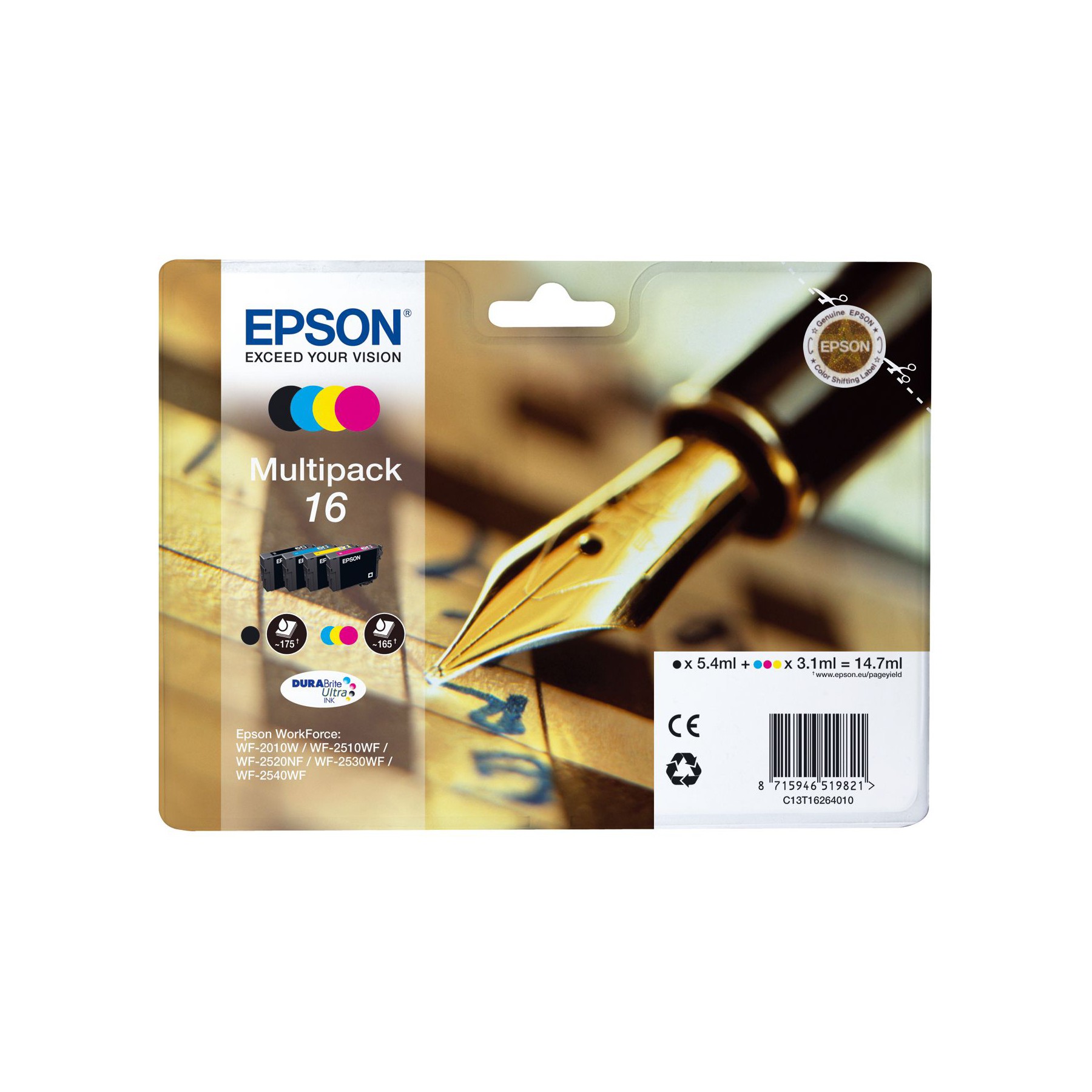 Cartouche d'encre EPSON Pack Multipack 4 Originales T1626 Série Stylo Plume (Noir + 3 Couleurs) - C13T16264010
