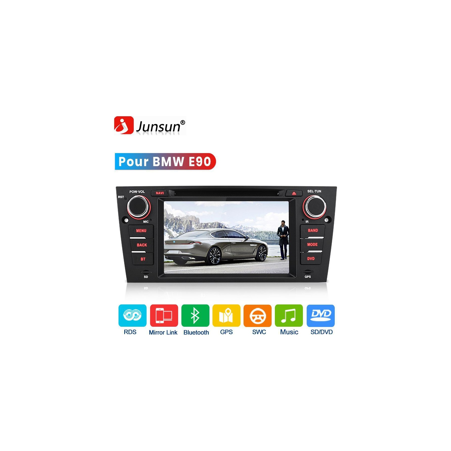Autoradio connecté JUNSUN pour BMW 3 Serie E90 SWC Wince CD DVD