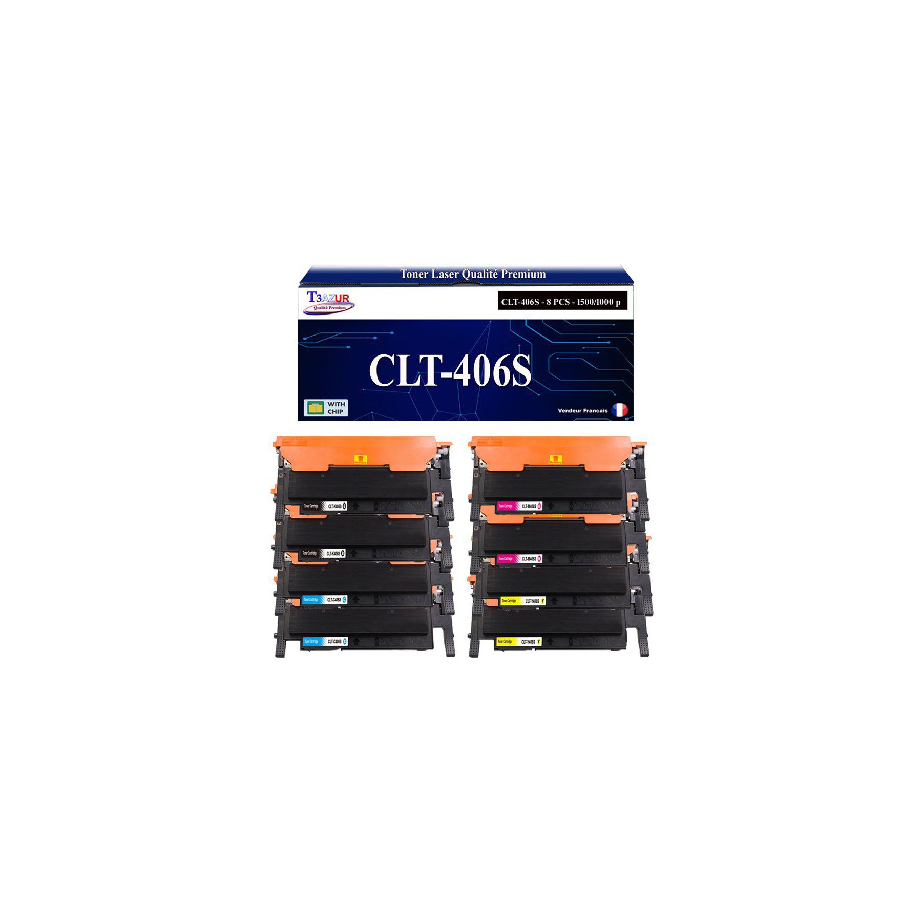 Cartouche d'encre T3AZUR pour Samsung CLX3305FW, C460FW (x8)