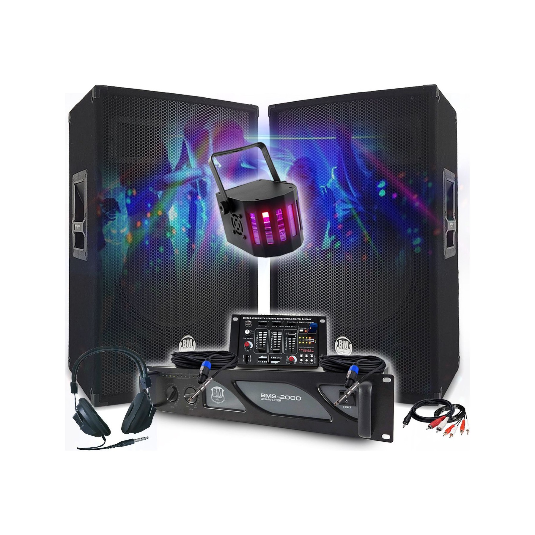 Pack sono BM SONIC Amplificateur 2000W, Paire d'Enceintes 2