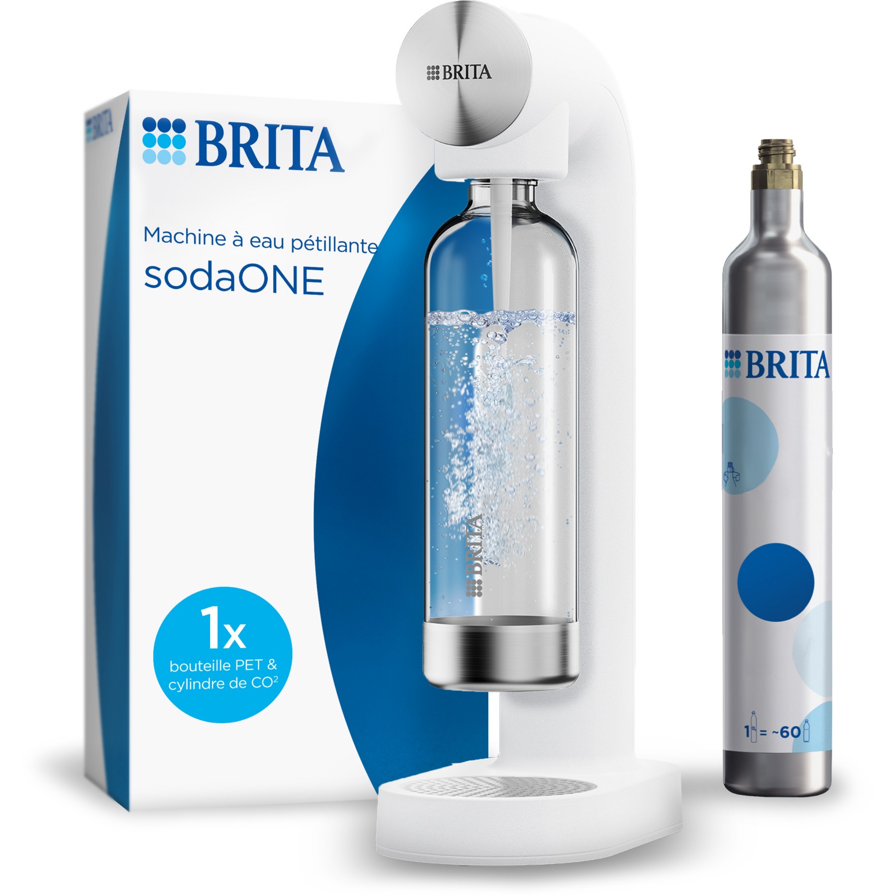 Machine à soda BRITA SodaONE blanche + 1 cylindre CO2 + 1 bouteille en PET