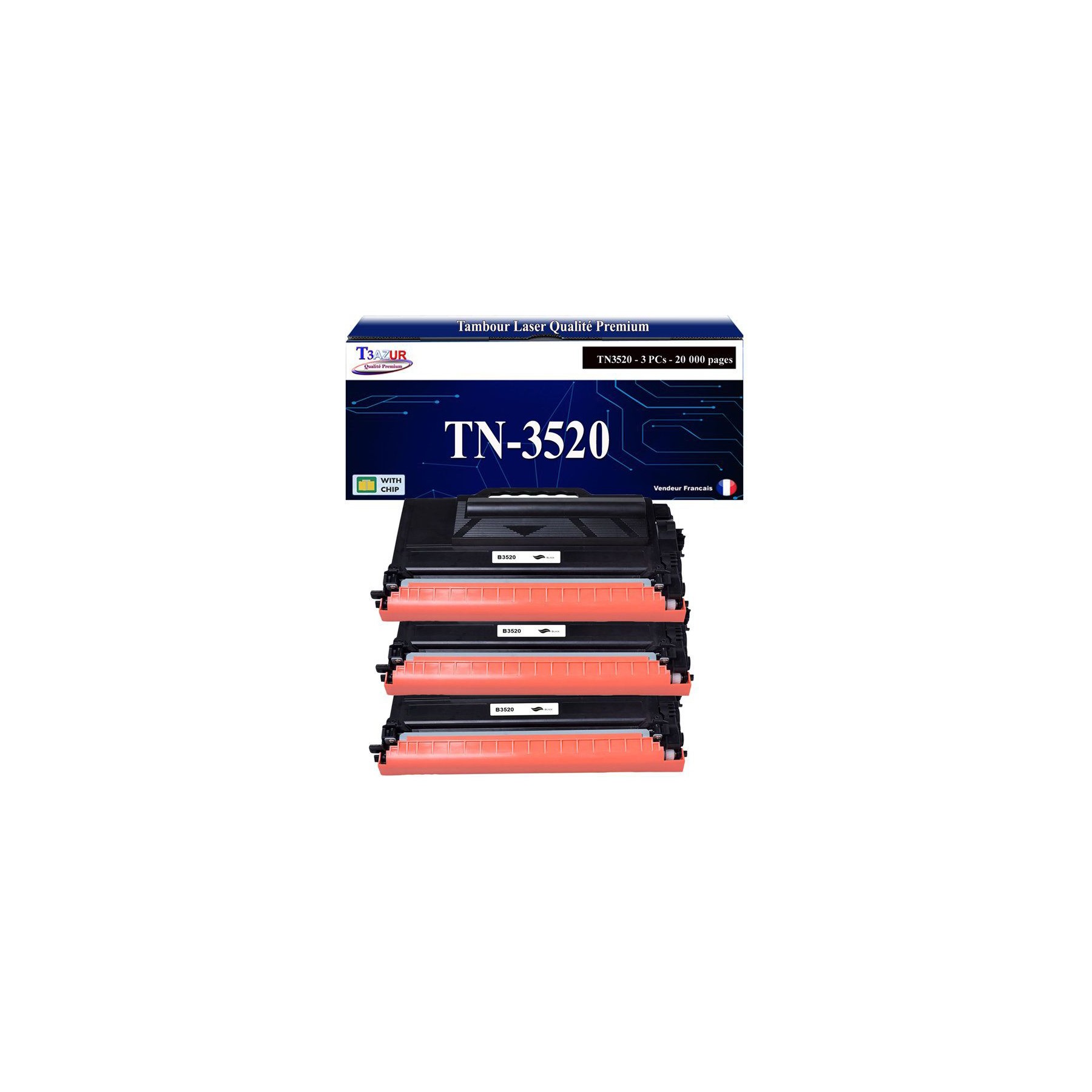 Toner T3AZUR Pour Brother TN3520, TN-3520 (x3)