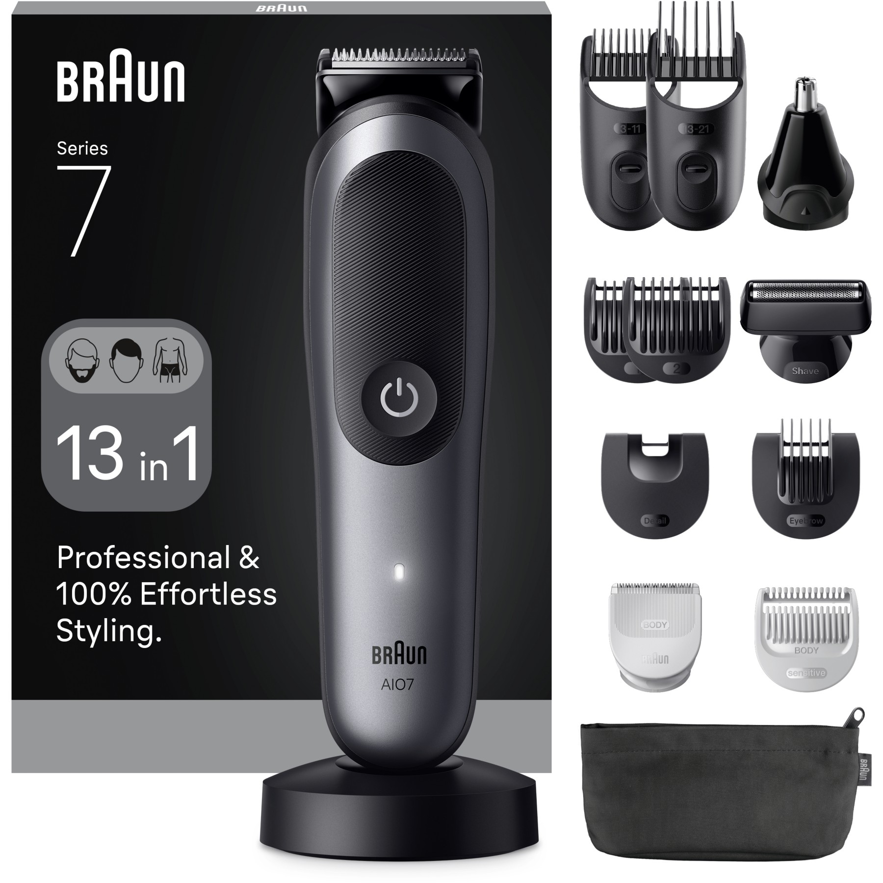 Tondeuse multi usages BRAUN AIO7560, 14 hauteurs de coupe, précision 0,5 mm, autonomie 120 mn