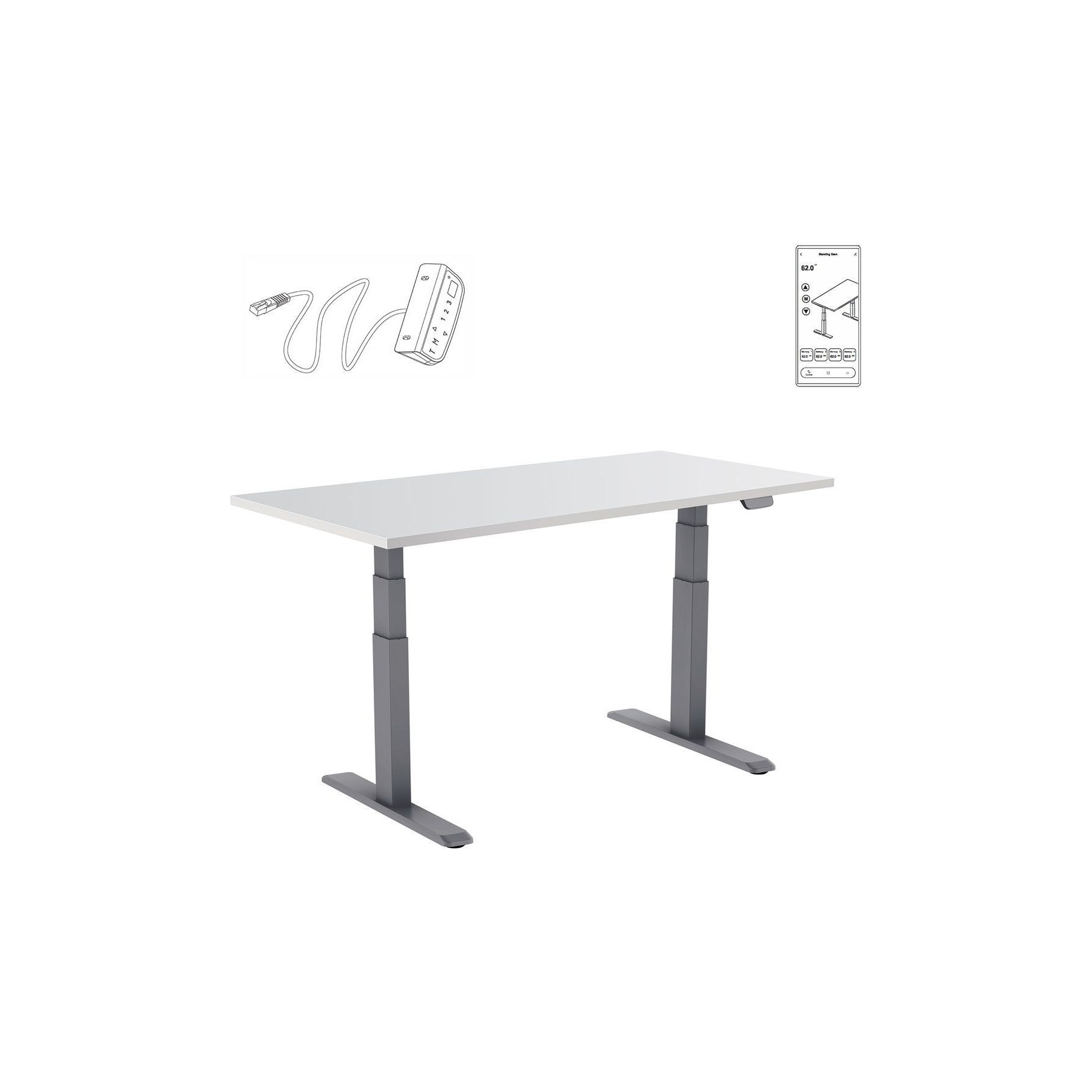 Bureau ergonomique KIMEX Plateau blanc 160cm / Pied gris - Wifi