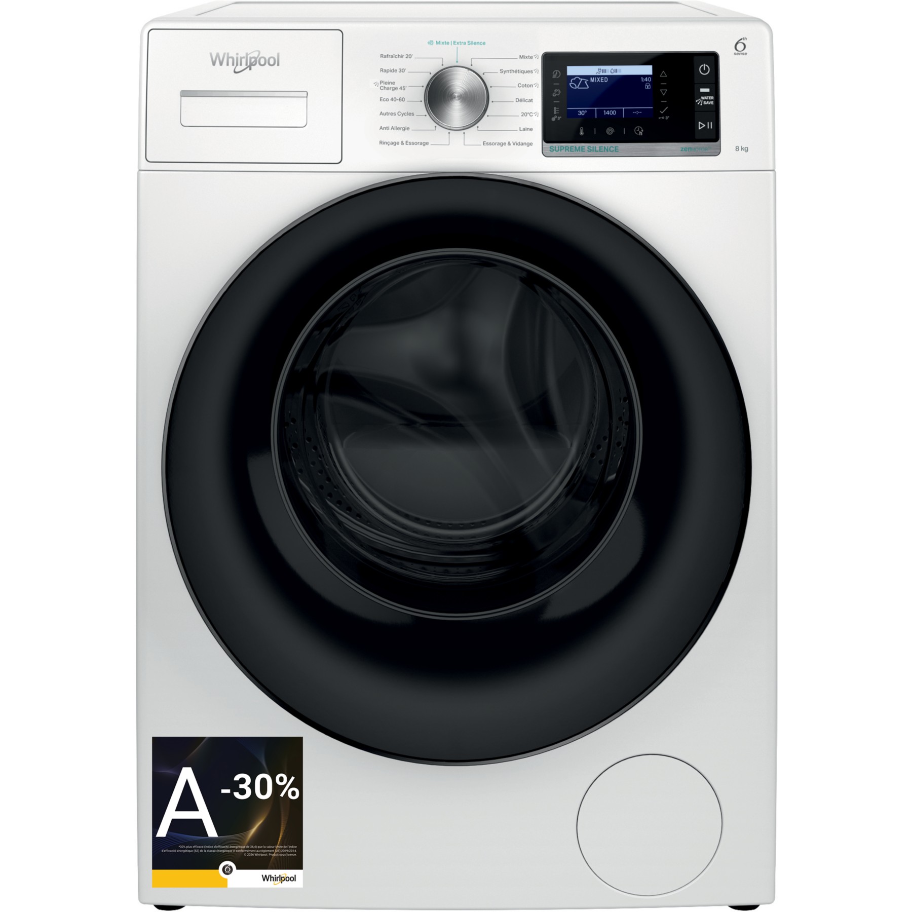 Lave linge hublot WHIRLPOOL W7X89BSILENCEFR - 8 kg - 1400 tr/min - Classe A - Moteur induction direct drive