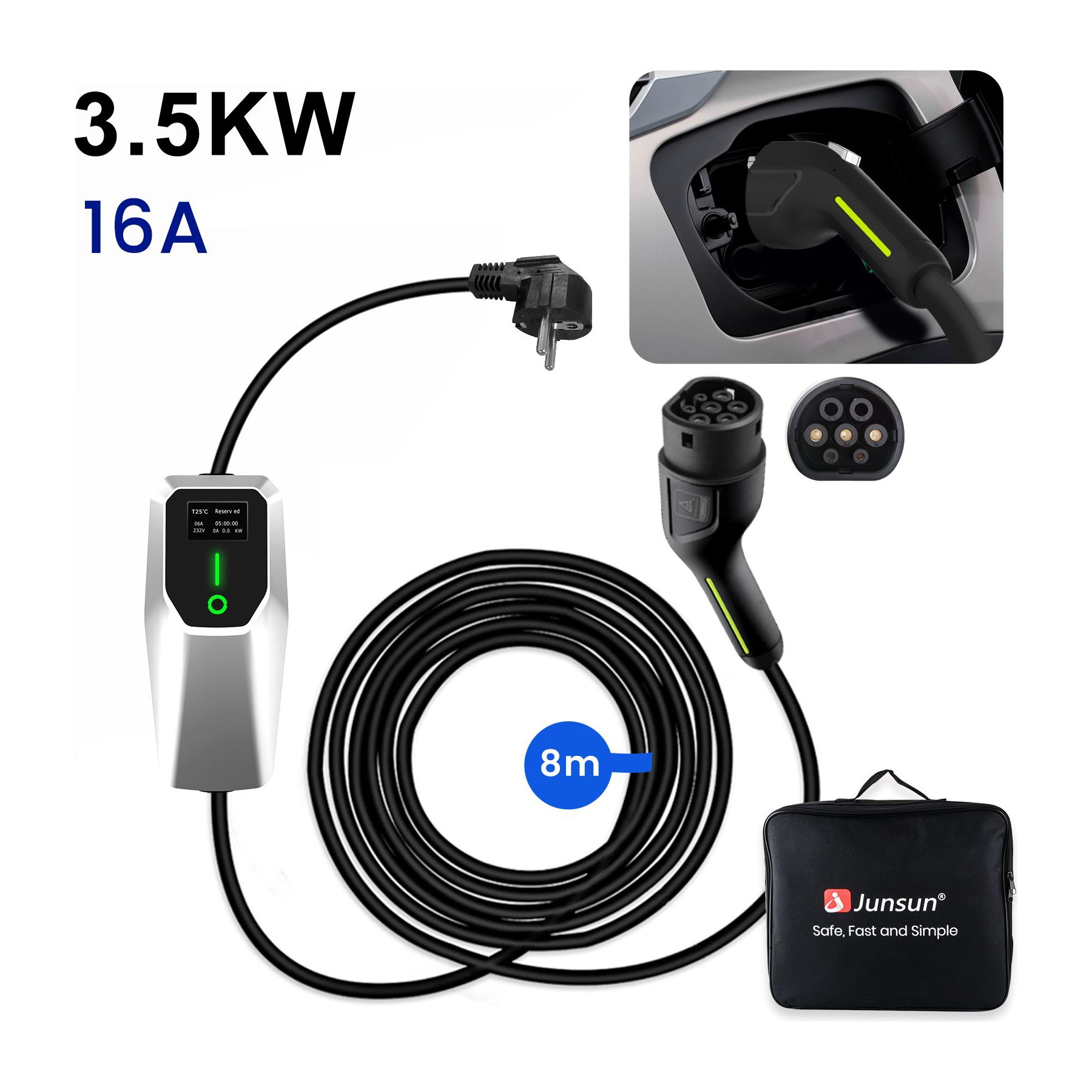 Accessoire borne de recharge JUNSUN Câble recharge voiture 8M 3.5KW type 2
