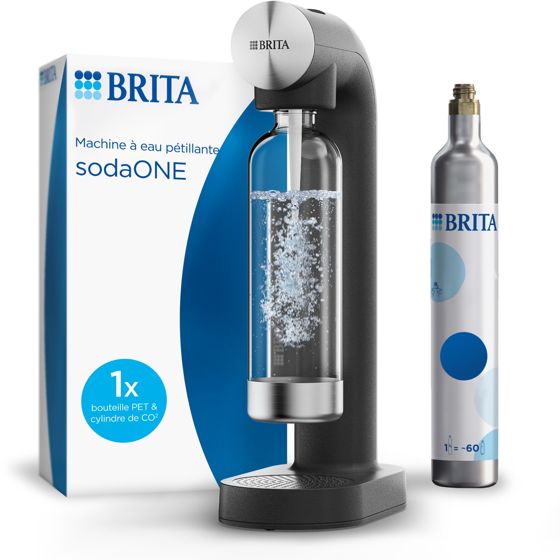 Machine à soda BRITA SodaONE noire + 1 cylindre CO2 + 1 bouteille en PET