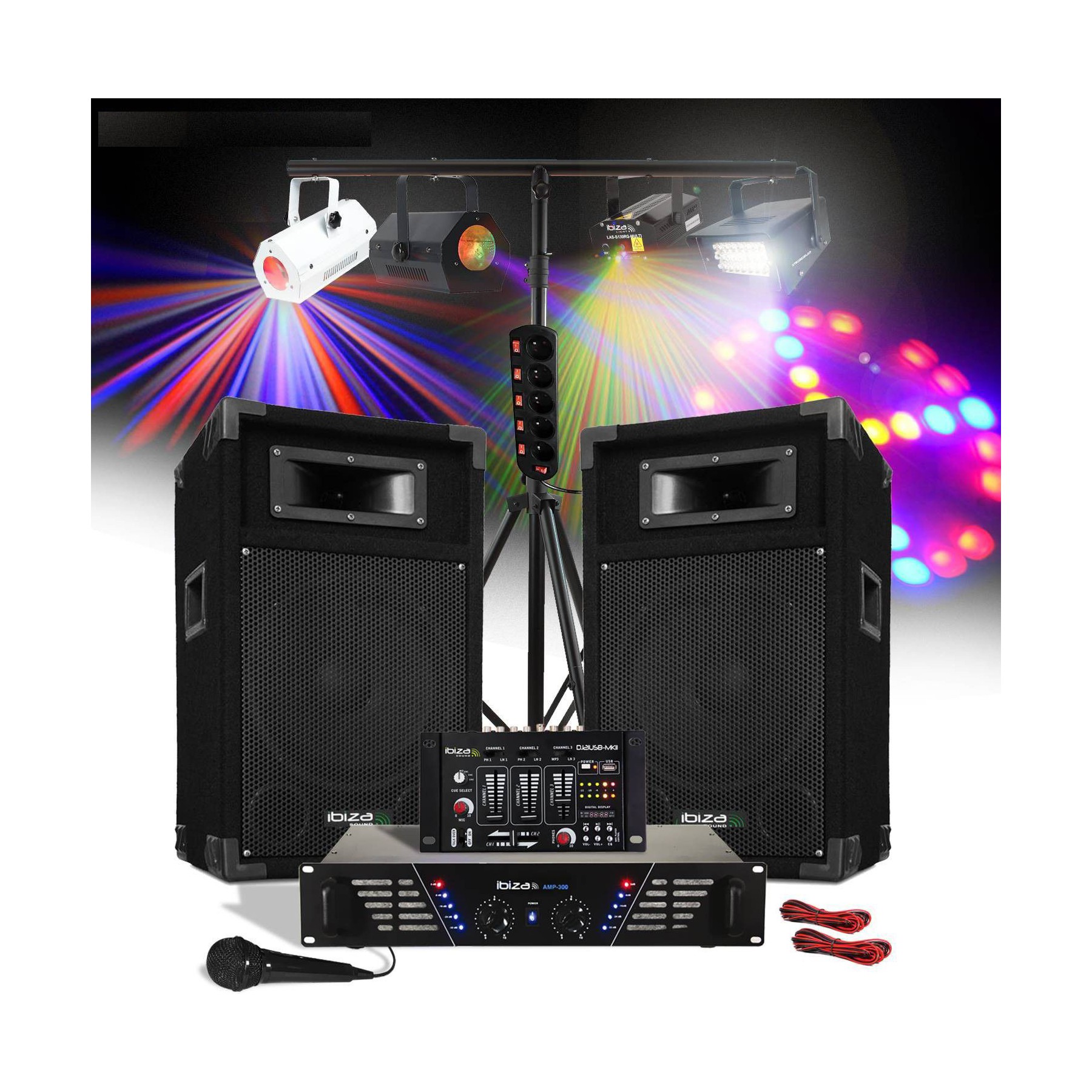 Pack sono IBIZA 480W Enceintes+Ampli+Table mix+Mic+lum.