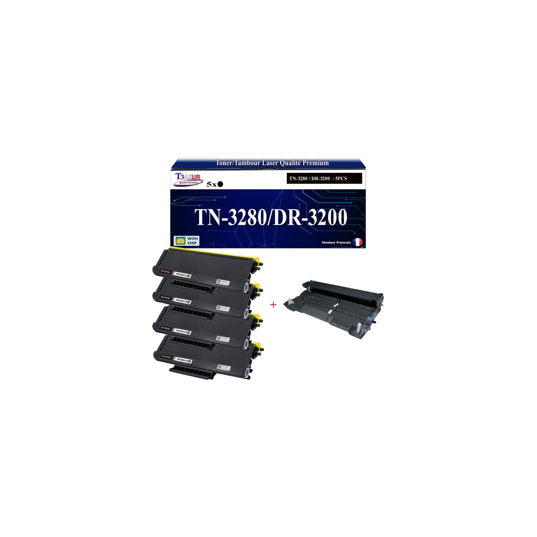 Pack Toner + Tambour T3AZUR Pour Brother TN3280, DR3200 (4To+1Ta)