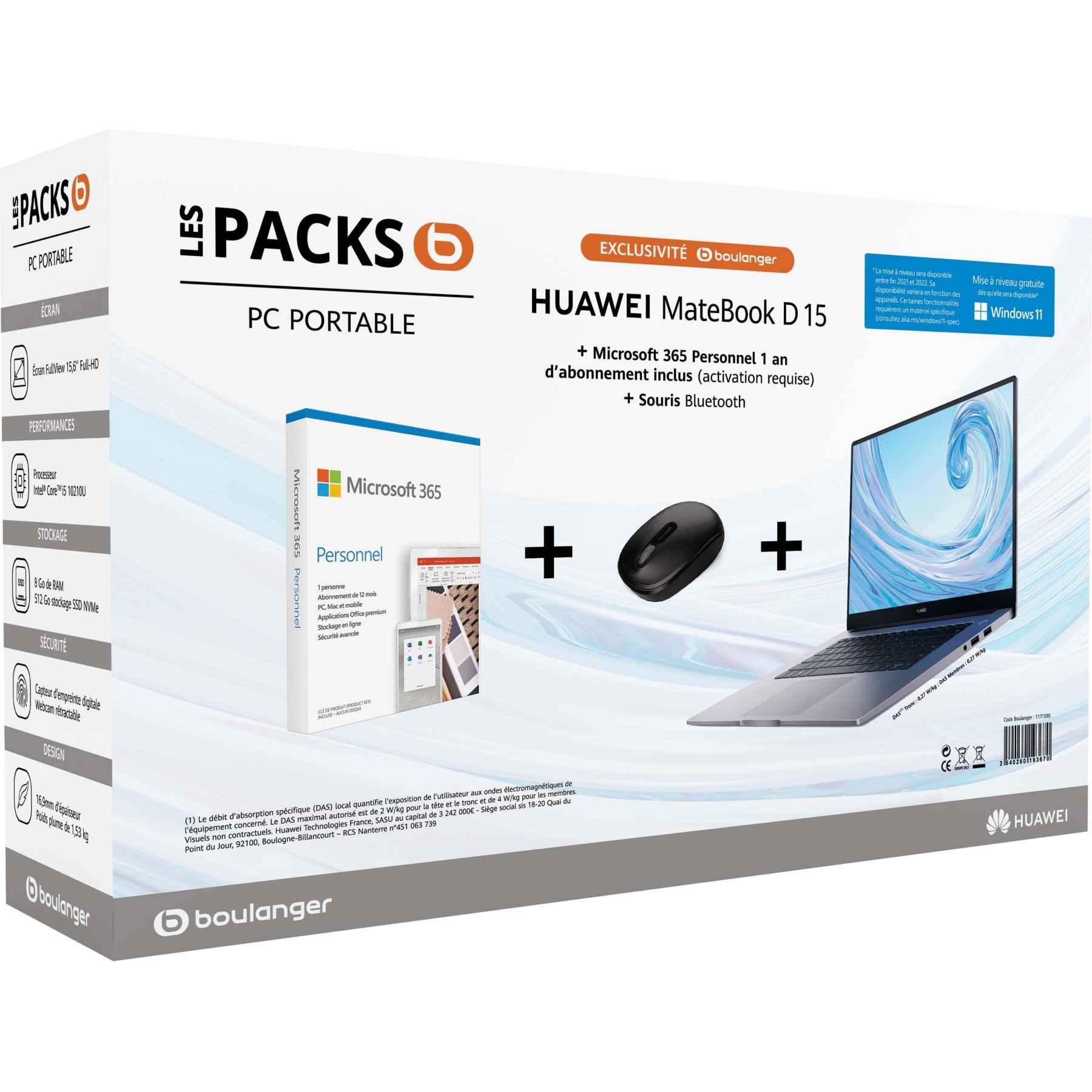 Ordinateur portable HUAWEI Pack Matebook D 15 + Souris + MS365perso Reconditionné