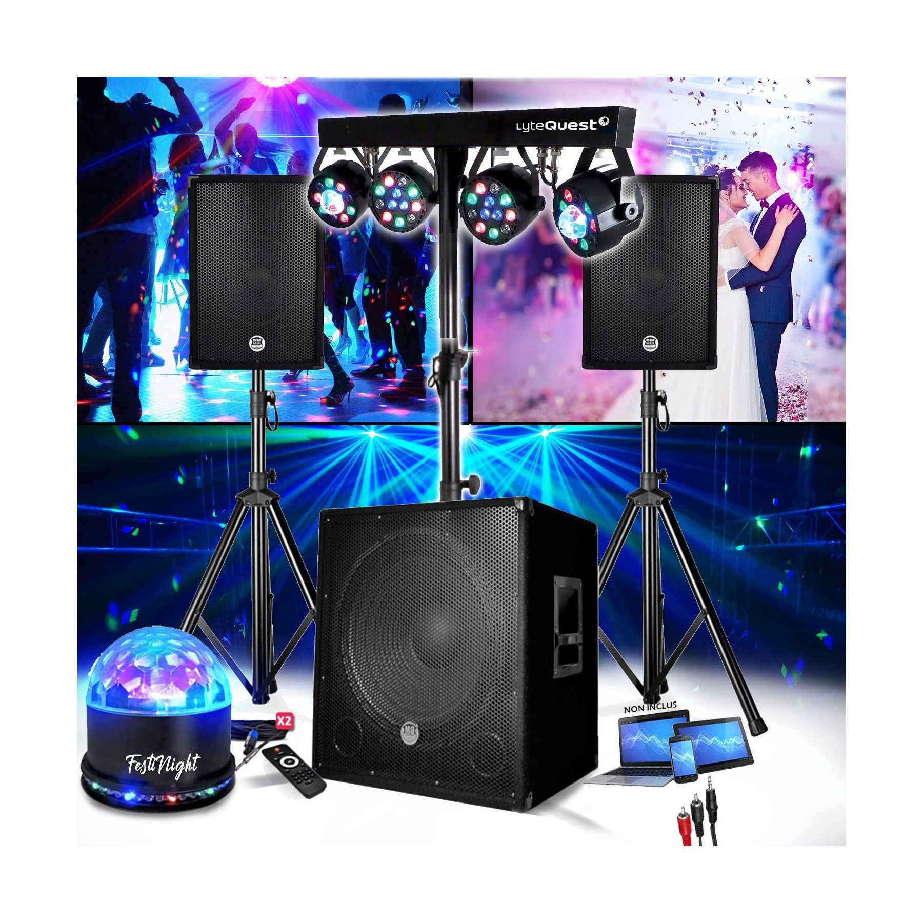 Pack sono BM SONIC + SUBWOOFER  1800W USB Bluetooth + PIEDS