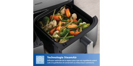 Airfryer PHILIPS NA555/00 friteuse sans huile double panier + vapeur Métal, Série 5000 9L (3+6L)