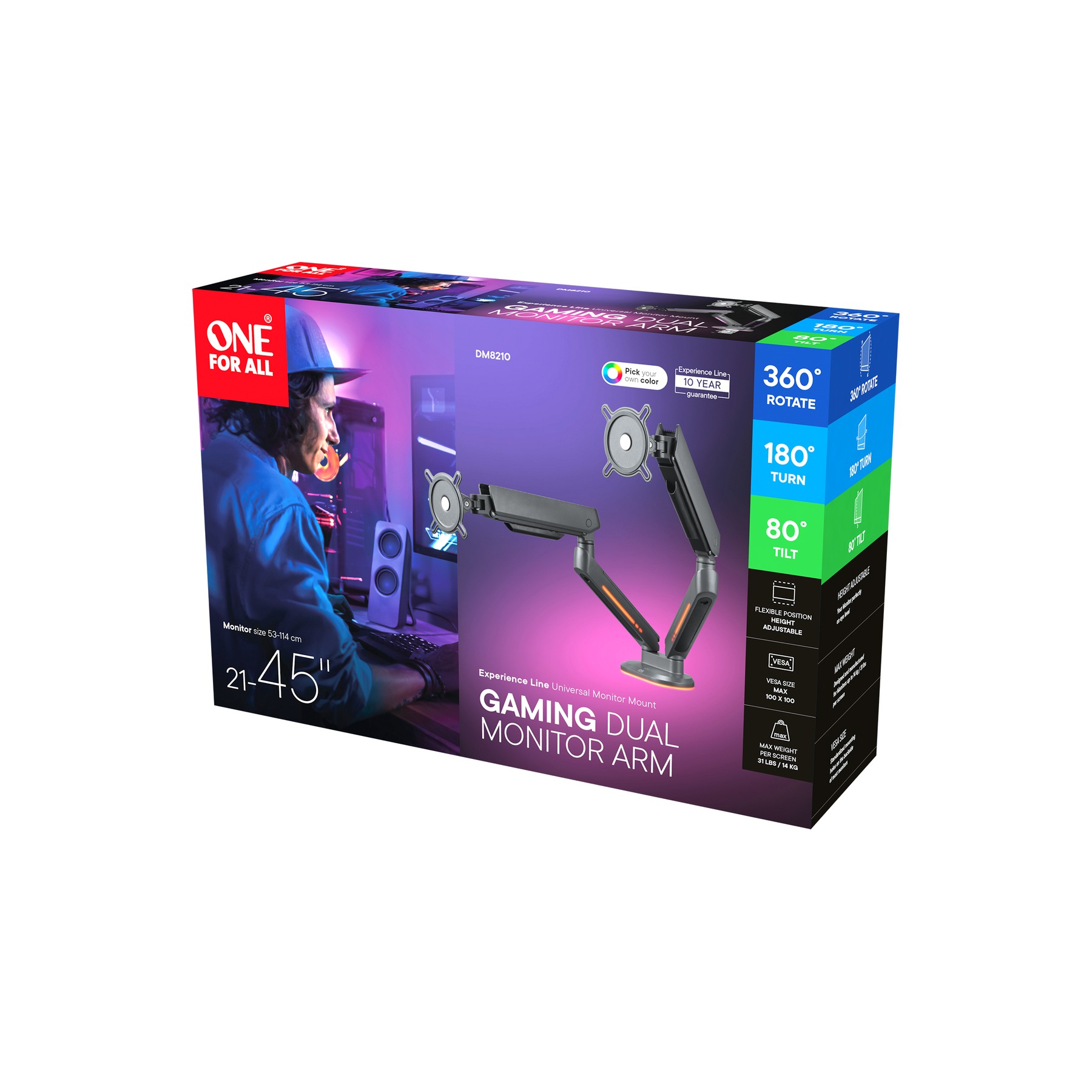 Support écran PC ONE FOR ALL 2 écrans 21/45'' noir RGB inclinable