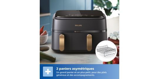 Friteuse sans huile PHILIPS NA352/04 Friteuse sans huile double panier Noir/Doré, Série 3000 9L (3+6L) avec accessoire