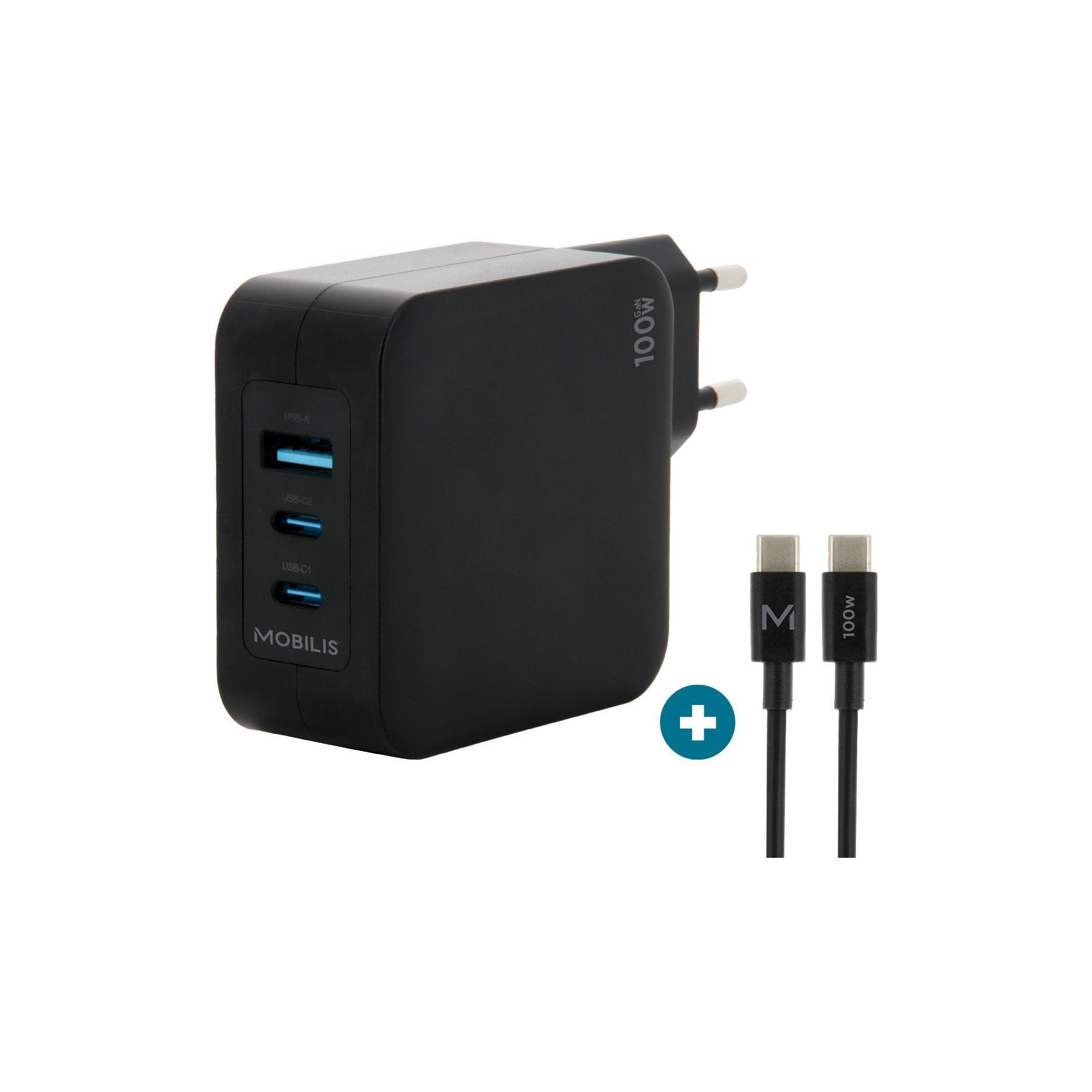 Chargeur secteur MOBILIS Secteur GaN 100W Câble 2 USB-C 1 USB-A