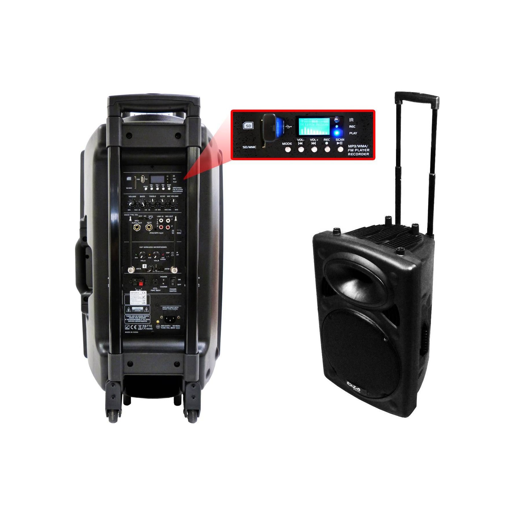 Enceinte sono IBIZA Public Adress mobile MP3 800W + 2 mic PO