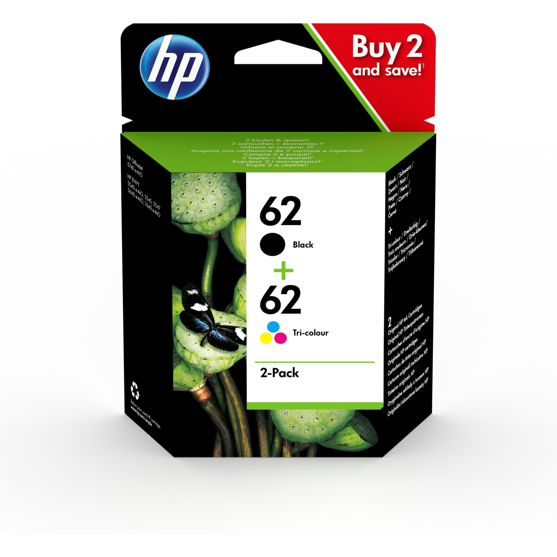 Cartouche d'encre HP Pack de 2 Originales 62 (Noir + 3 Couleurs) - N9K15AE