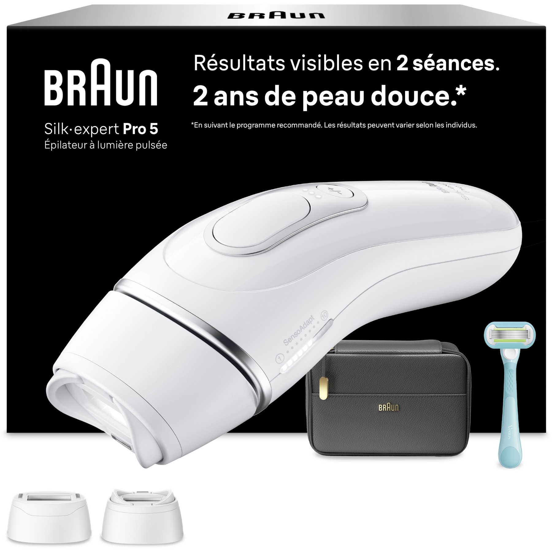 Epilateur lumière pulsée BRAUN IPL PL5234 2 têtes, 1 rasoir Gillette Venus, une pochette