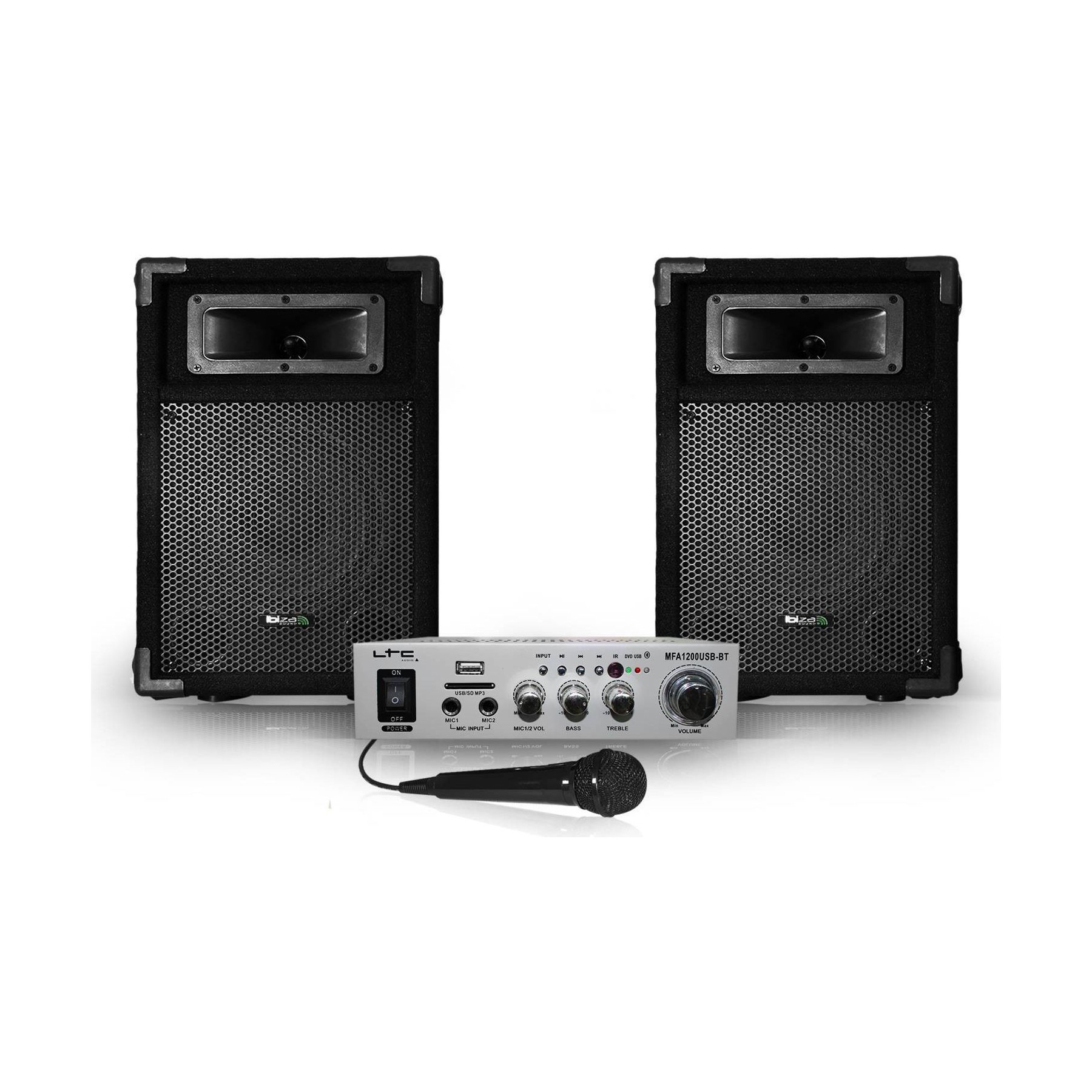 Karaoké IBIZA 2 enceintes PA 2x180W 2voies+Ampli 100W