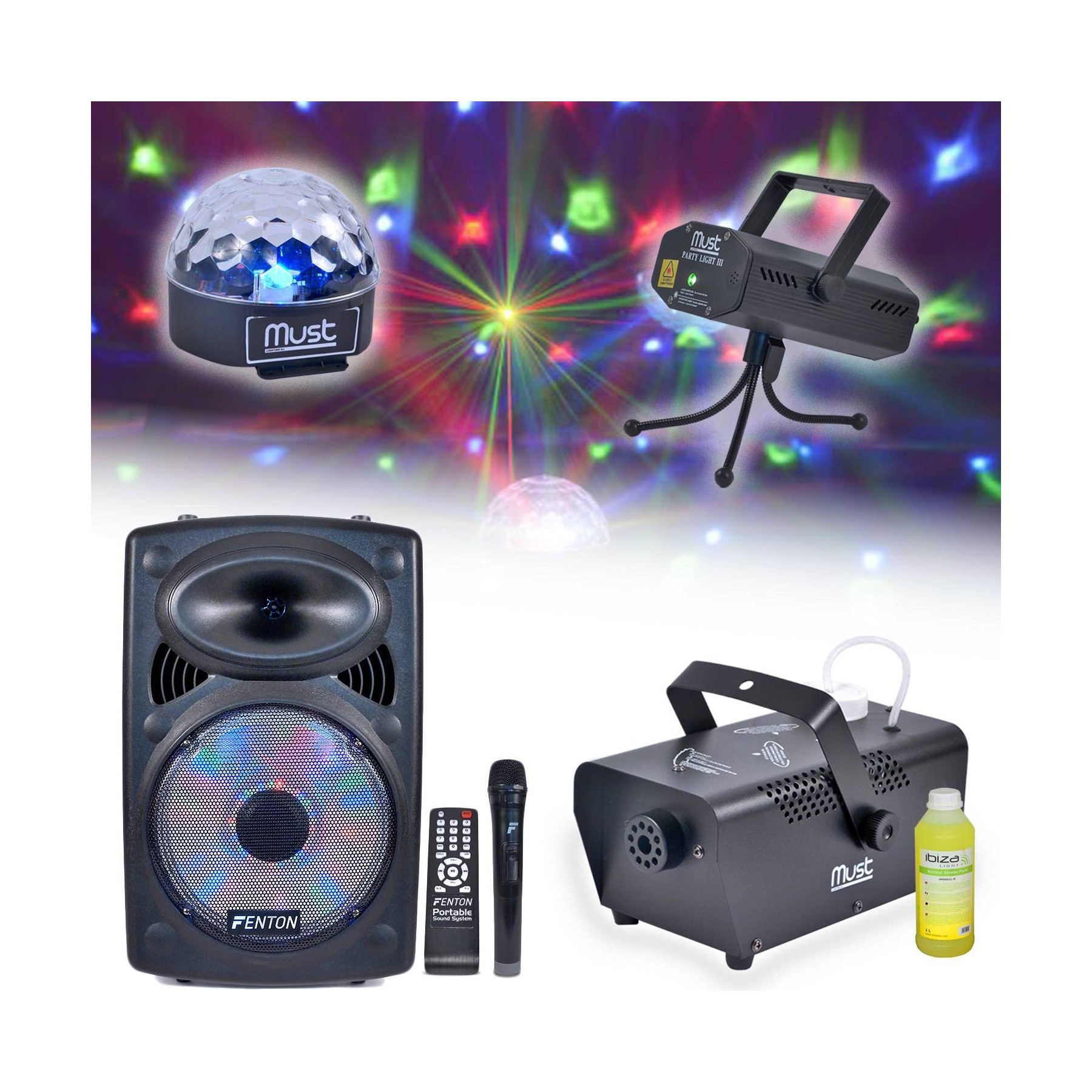 Jeu de lumières FENTON 3 jeux+Machine fumée+Enceintes 12"250W