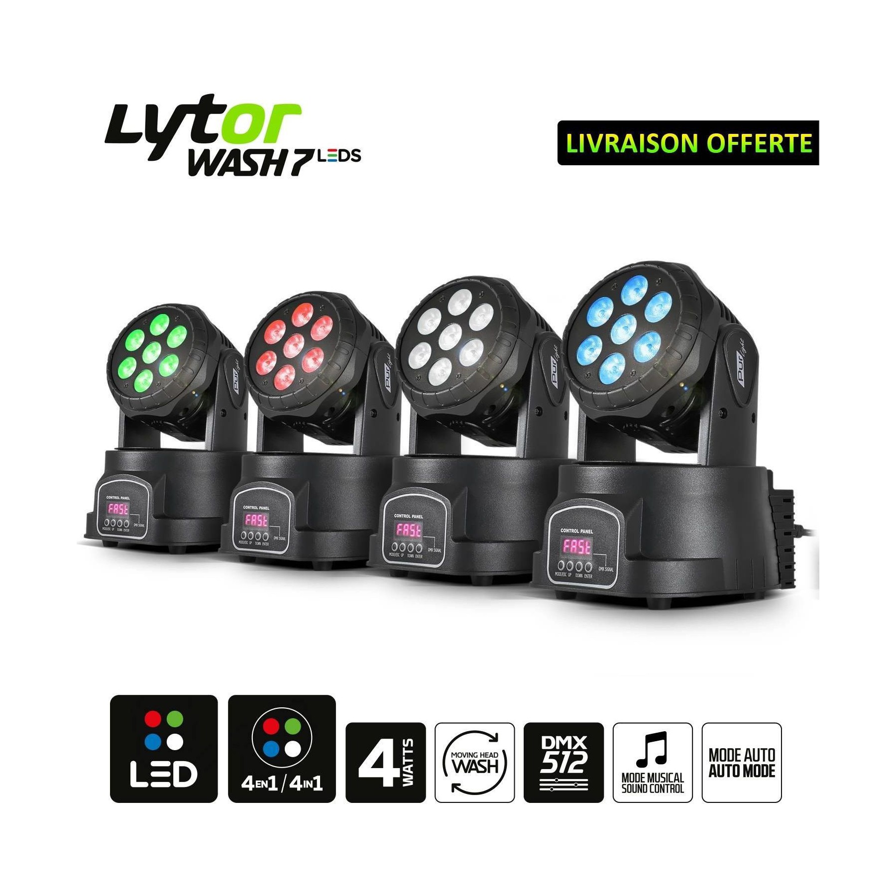 Jeu de lumières LYTOR Pack 4 Lyres Wash LED RGBW 7x4W DMX