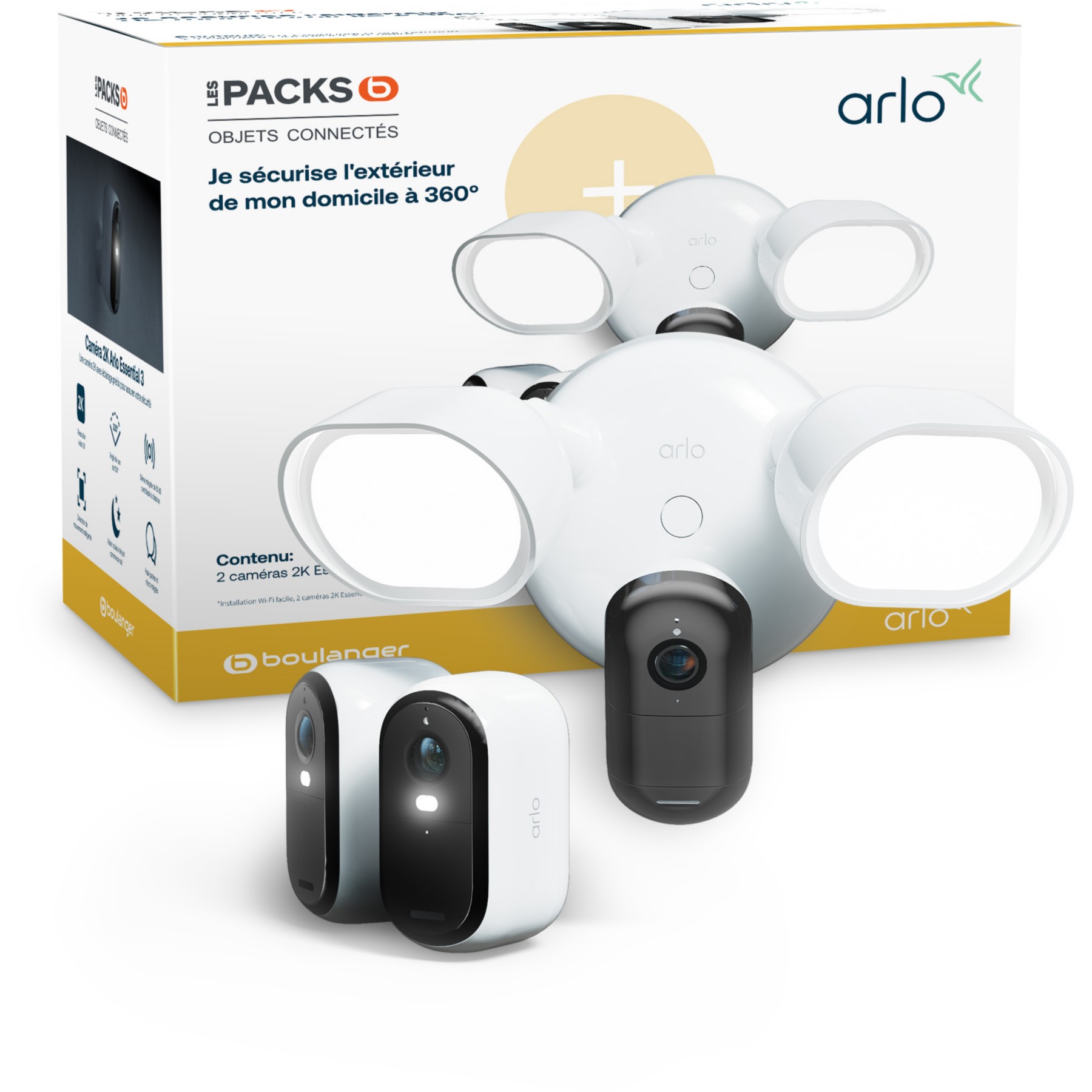 Caméra de surveillance ARLO 2 caméras Essential 3 2K + 1 floodlight