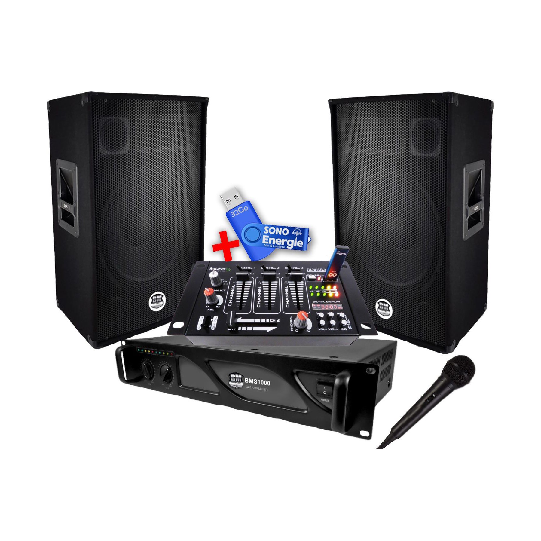 Pack sono BM SONIC Pack Sono ampli+enceintes2x600W+ mix+clé