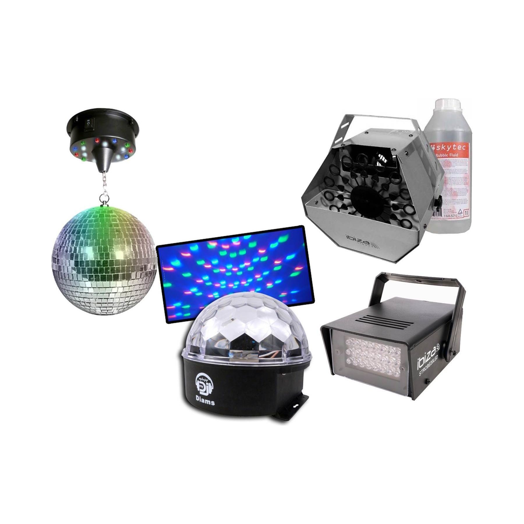 Jeu de lumières IBIZA 4effets DIAMS+STROBE20LED+LED20+LBM10+1L