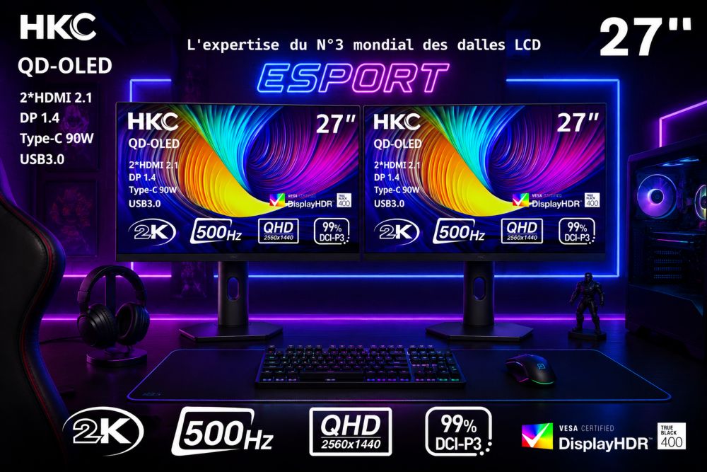Ecran PC Gamer HKC OLED 27" QHD 500 Hz 0,03 ms USB-C 90W HDR400 - HKC GS27QHS