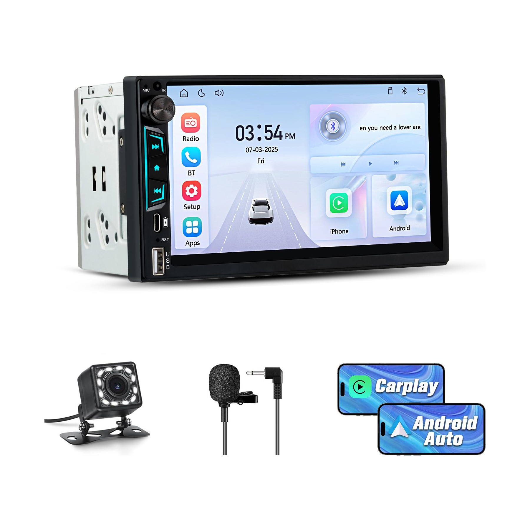 Autoradio connecté JUNSUN 7" caméra de recul microphone CarPlay