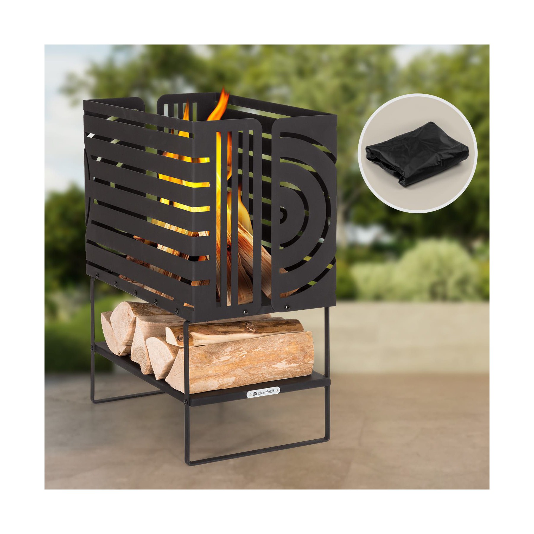 Brasero BLUMFELDT Krakatoa étagère bois acier massif noir