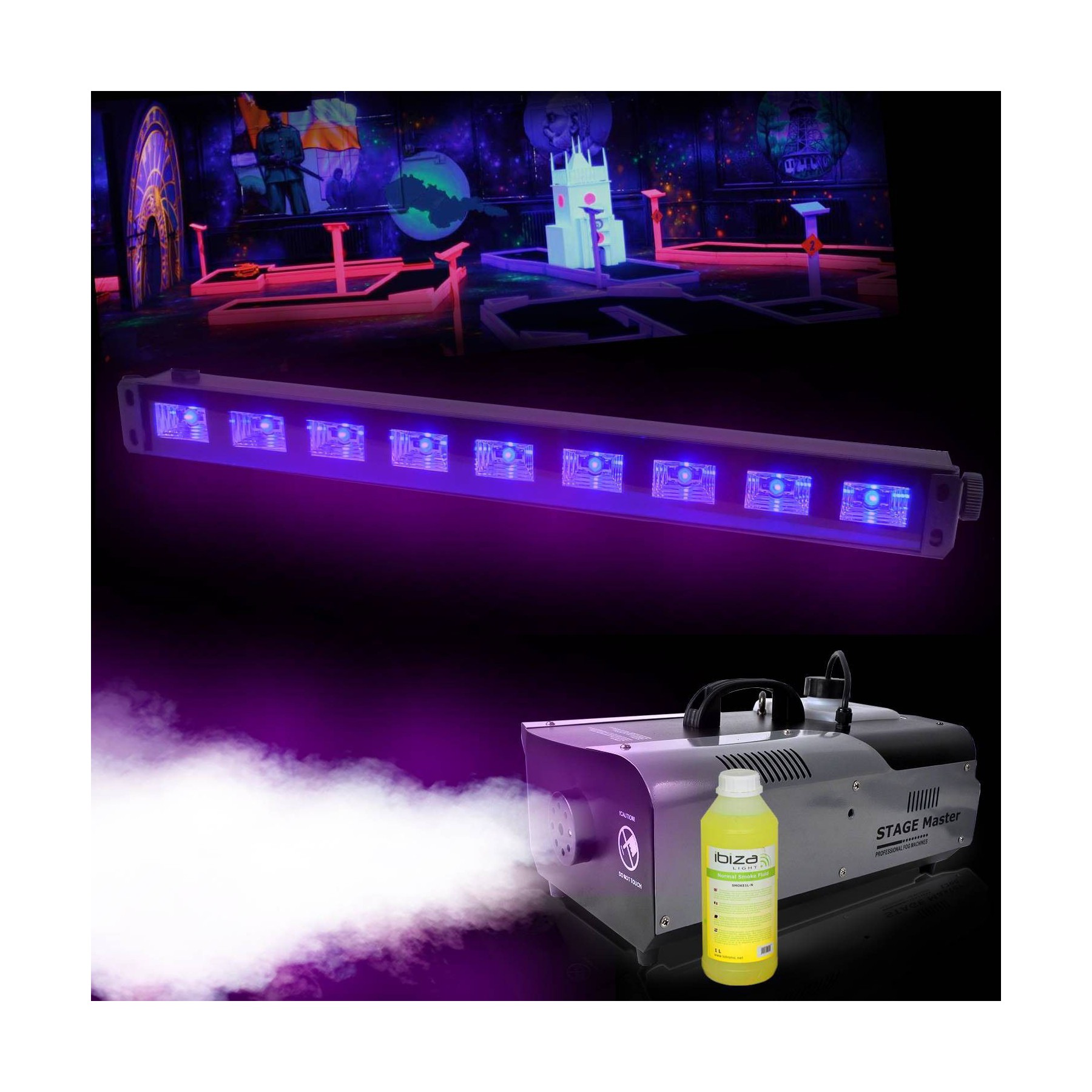 Jeu de lumières VARYTEC Machine fumée 900W+1L+Barre LED UV-BAR