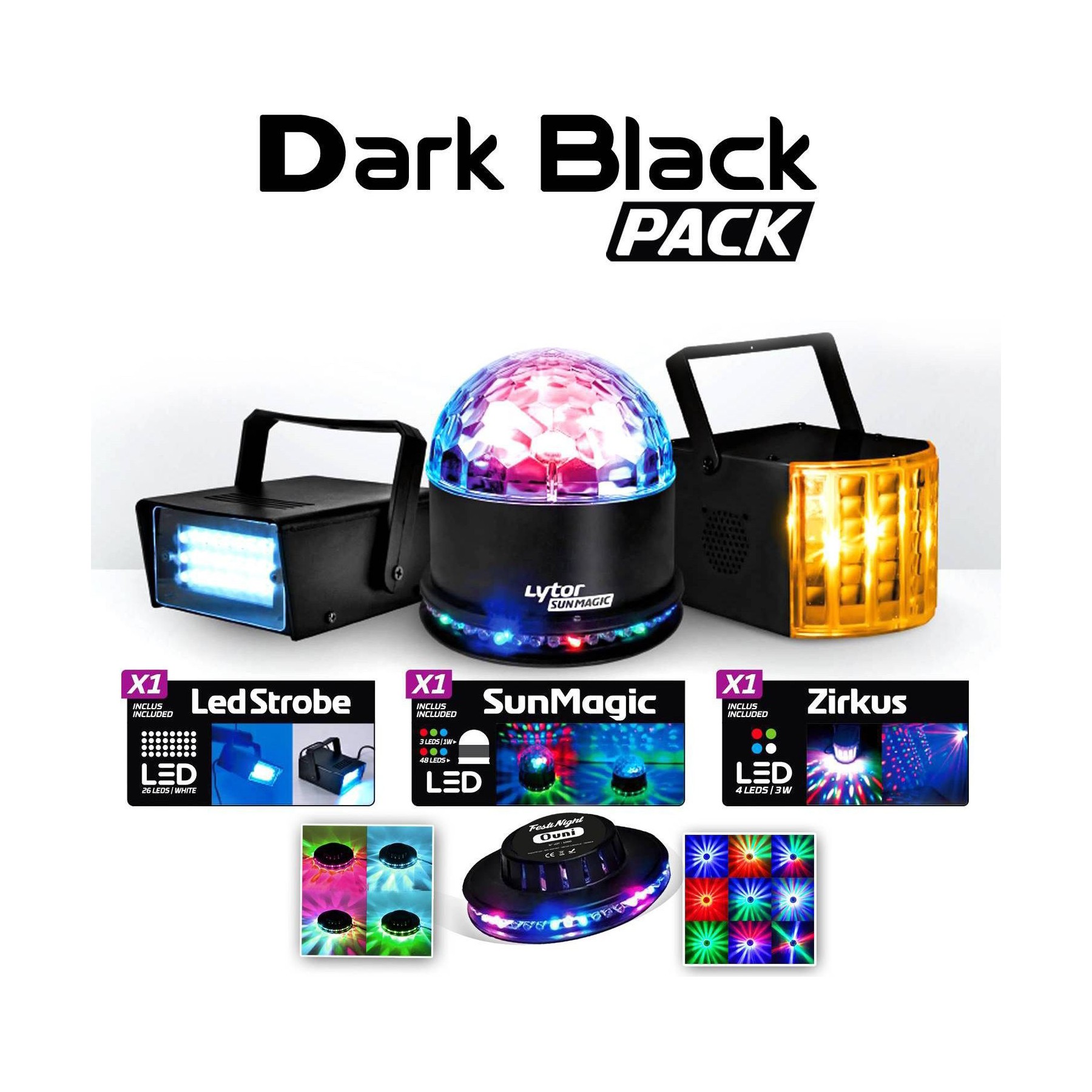 Jeu de lumières LYTOR Pack Dark Black 4 Effets Derby Zirkus +
