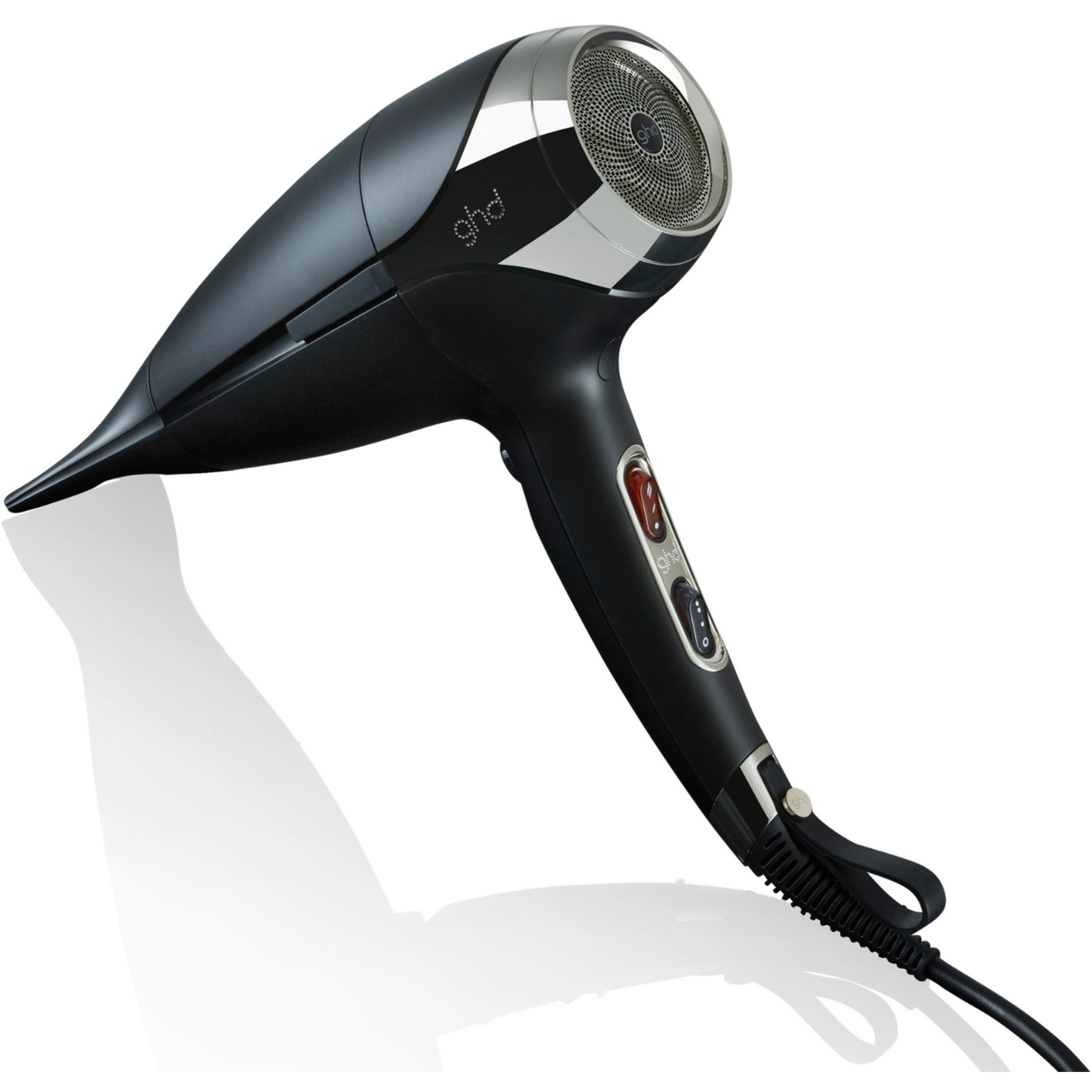 Sèche cheveux professionnel GHD Helios noir : technologie Aeroprecis pour un séchage ultra-rapide et un contrôle absolu