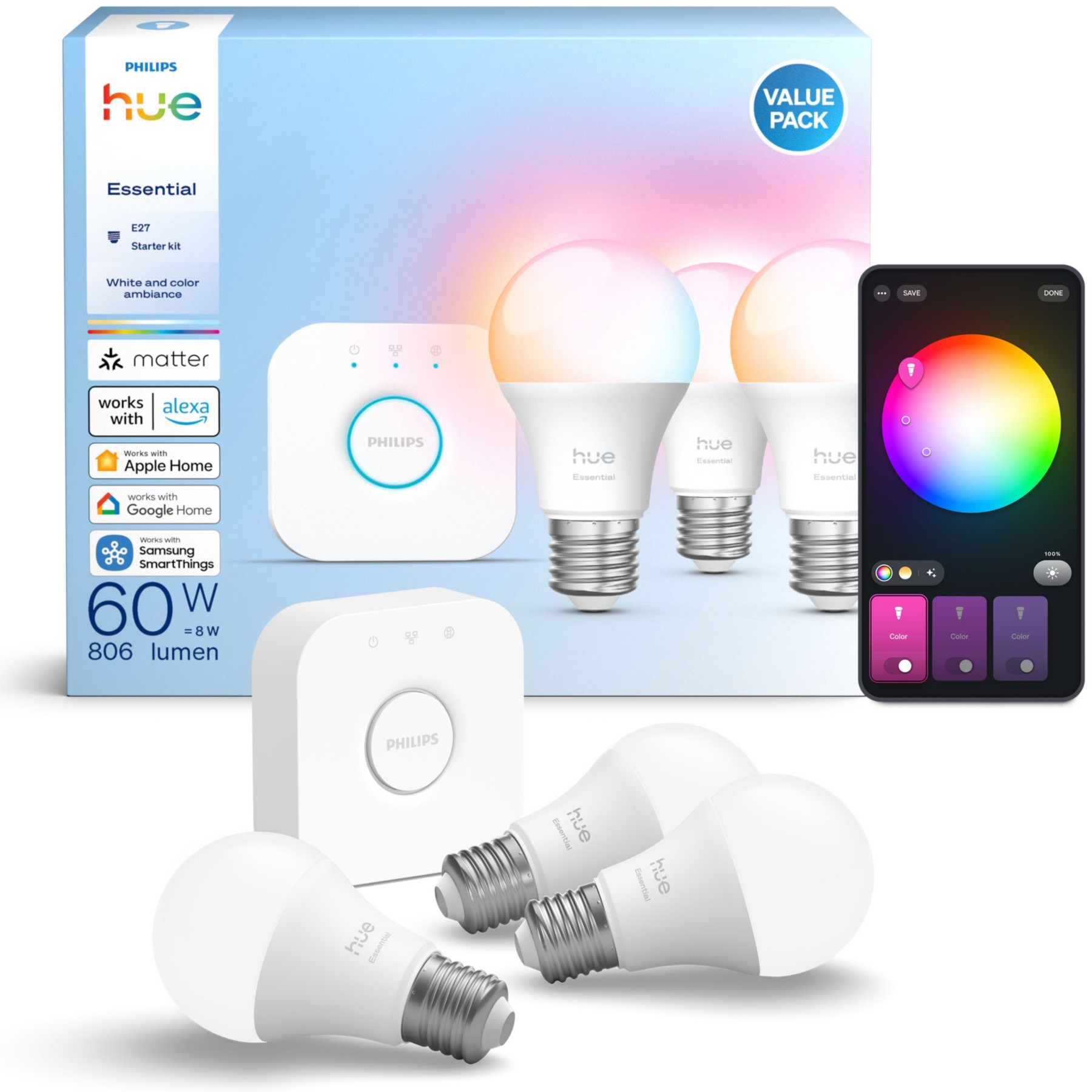 Pack PHILIPS HUE Essential-3/E27 White&Color A.+pont v2