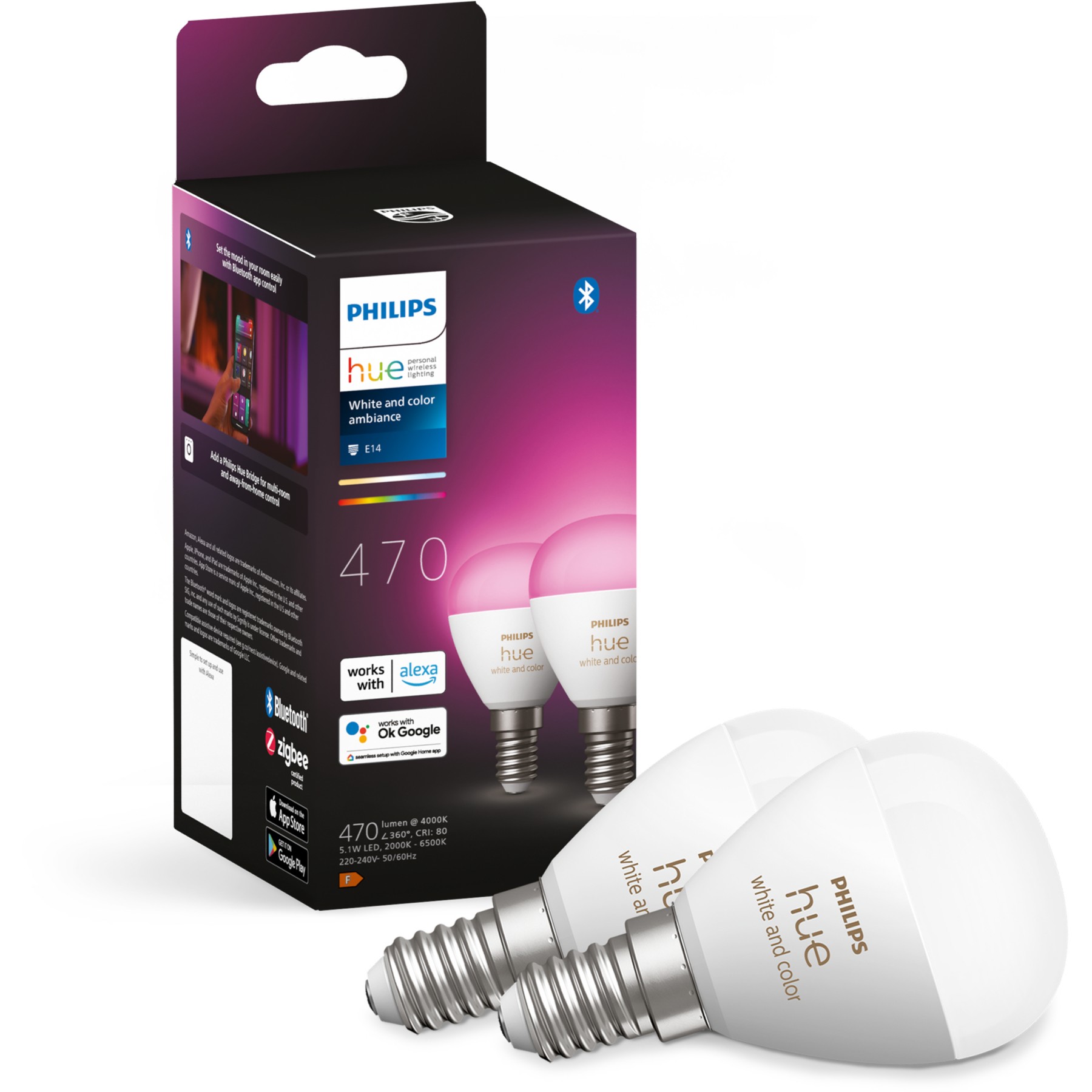 Ampoule LED connectée PHILIPS HUE W&C E14 Luster x2 5.1W