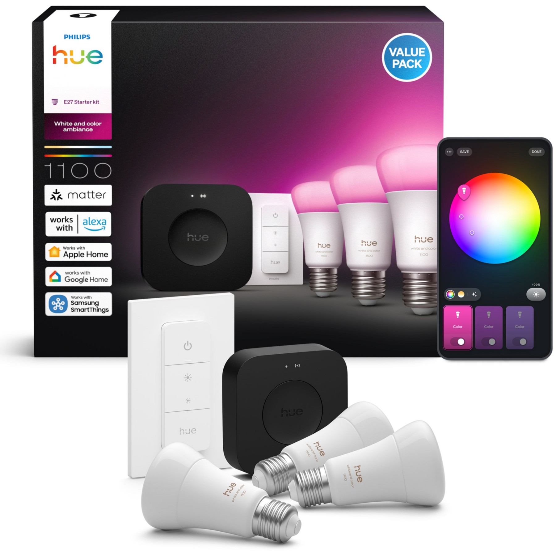 Pack PHILIPS HUE 3/E27 White&Color Ambiance+Pont+TLC