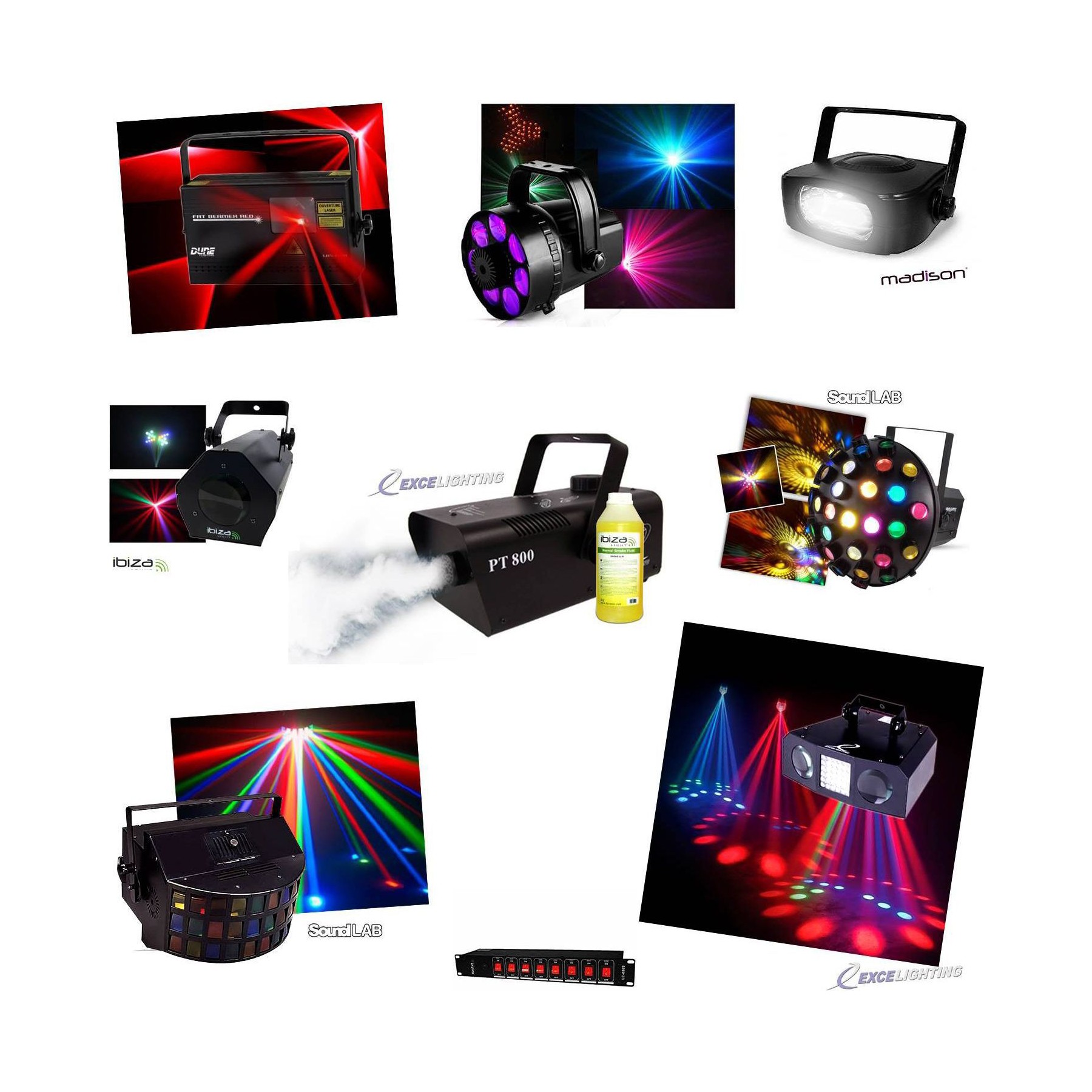 Jeu de lumières EXCELIGHTING Pack 8 Jeux Lumi+machine fumée+liq