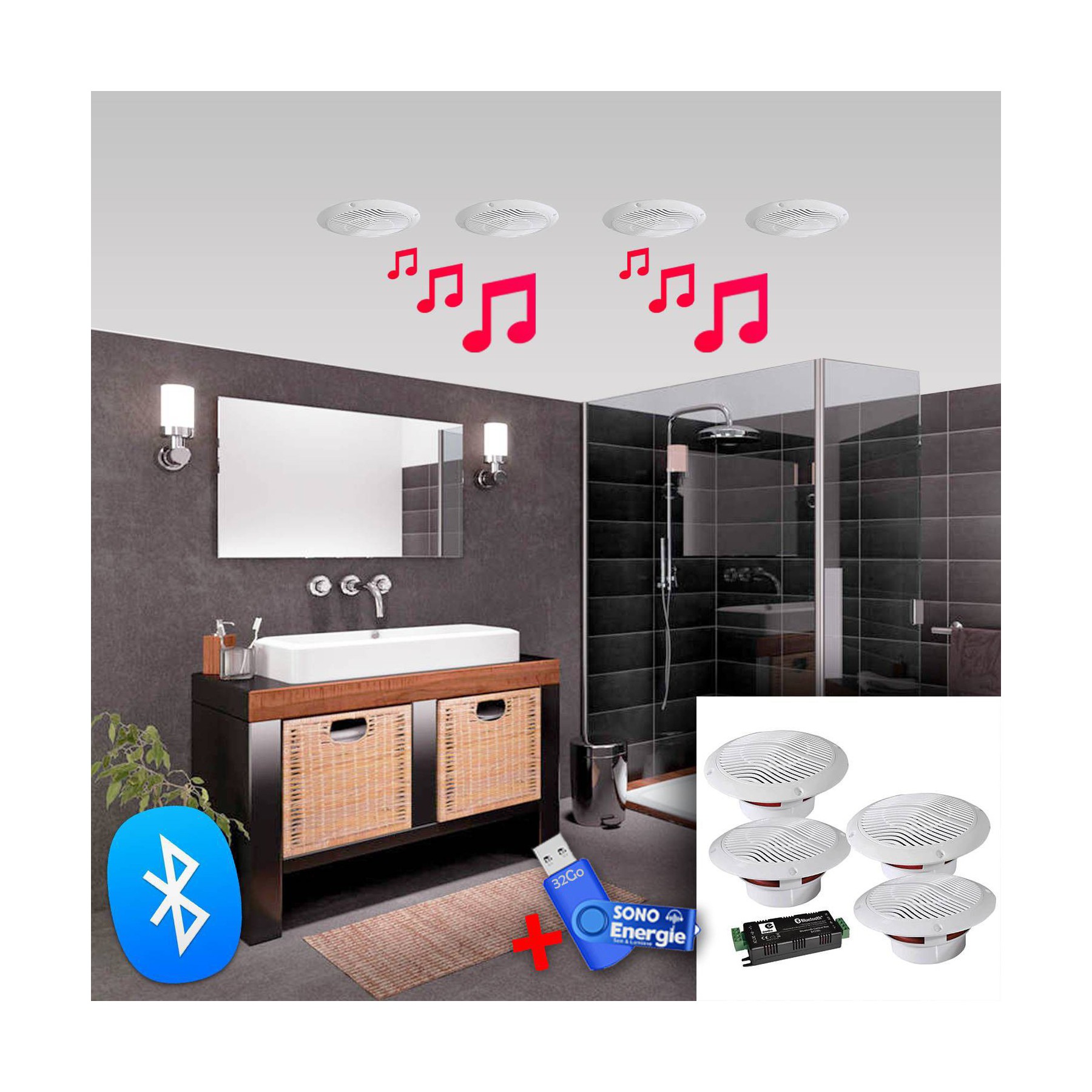 Enceinte encastrable E-AUDIO kit bluetooth salle  de bain B403BL