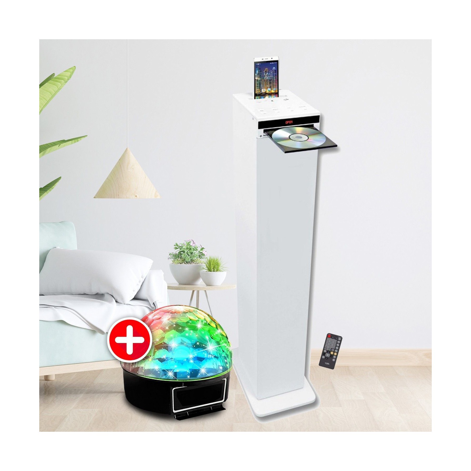 Enceinte Bluetooth INOVALLEY Tour de son HIFI Blanche avec lecteur CD