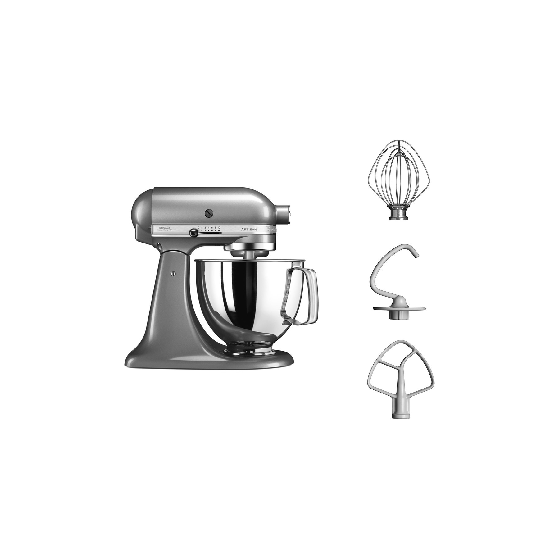 Robot pâtissier KITCHENAID 5KSM125ECU Artisan, gris, 4,8 L, bol avec poignée, 300 watts