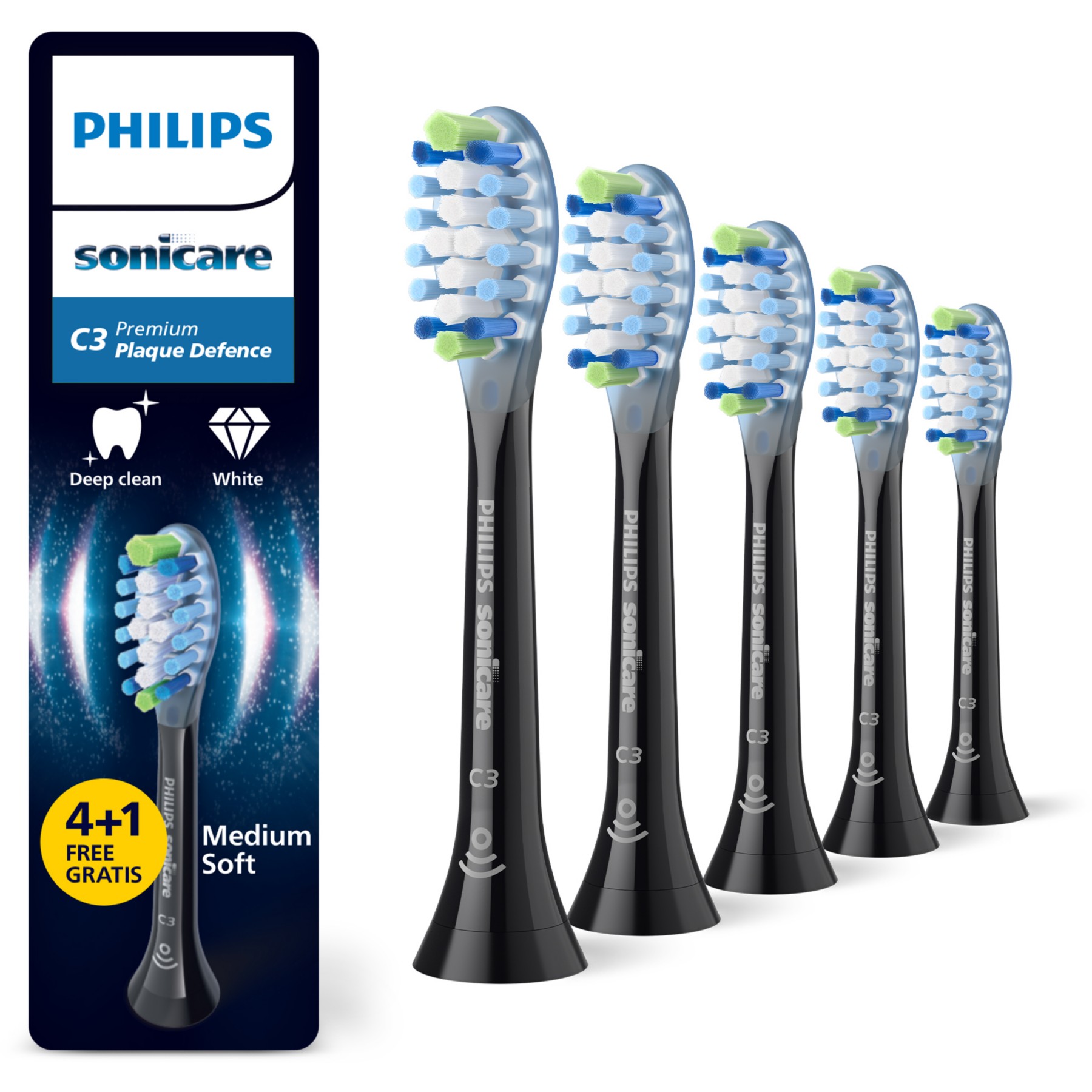 Brossette dentaire PHILIPS Sonicare lot de 4+1 - HX9045/88  black Premium Plaque Defence C3