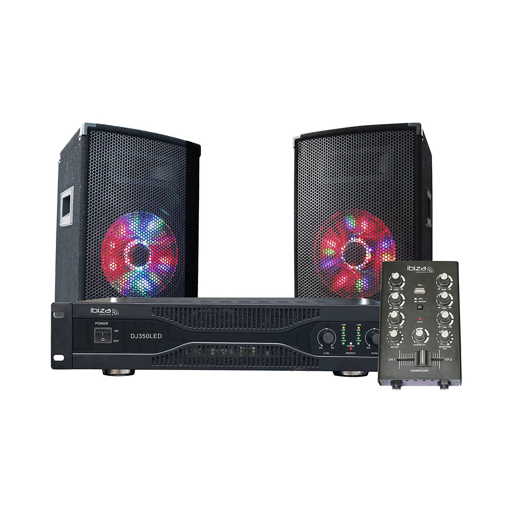 Pack sono IBIZA 2 Enceintes 2X250W+Table mix+Ampli+Mic