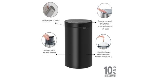 Poubelle manuelle BRABANTIA Touch Bin 40L - Matt Black