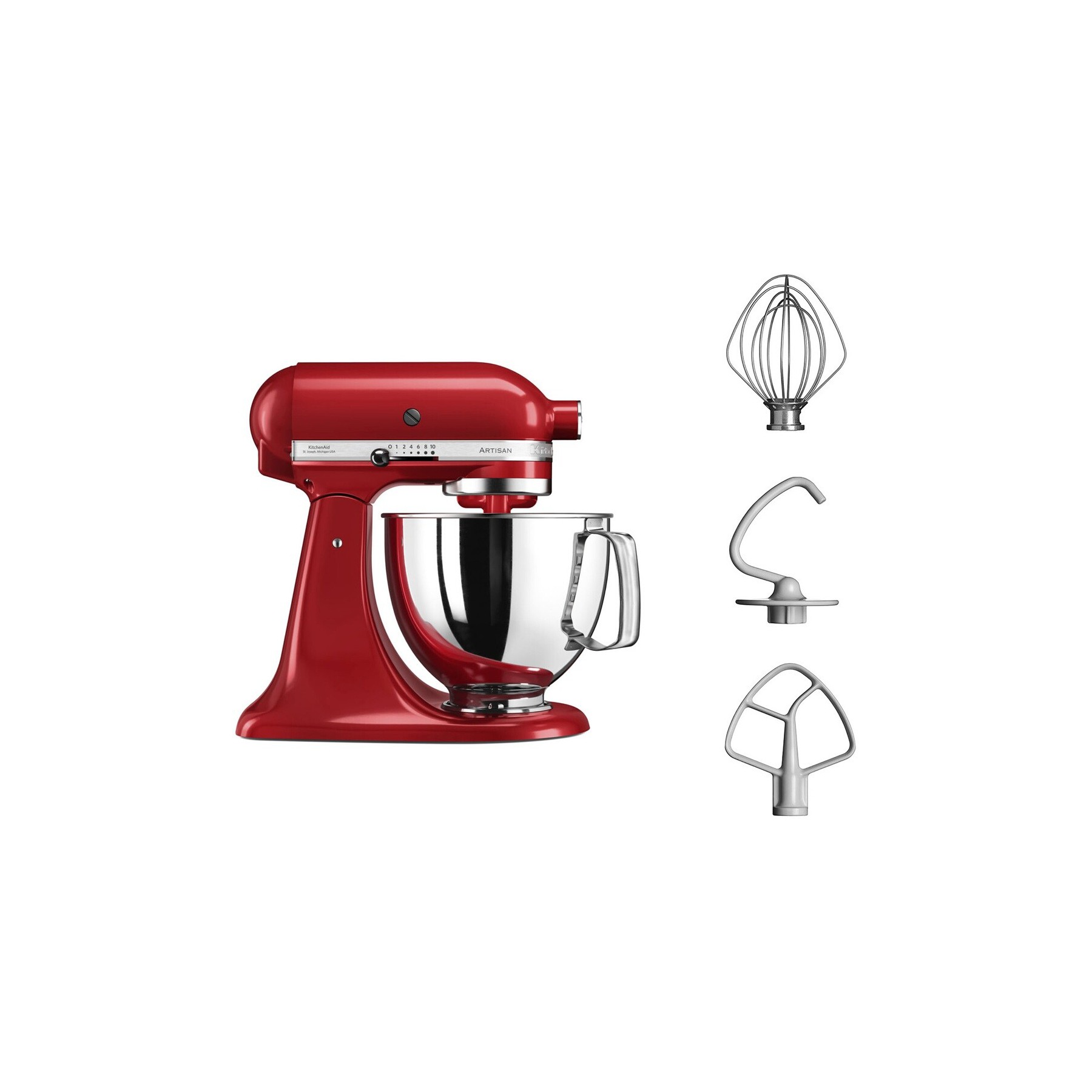 Robot pâtissier KITCHENAID 5KSM125EER Artisan Rouge Empire,  4,8 L, bol avec poignée, 300 watts